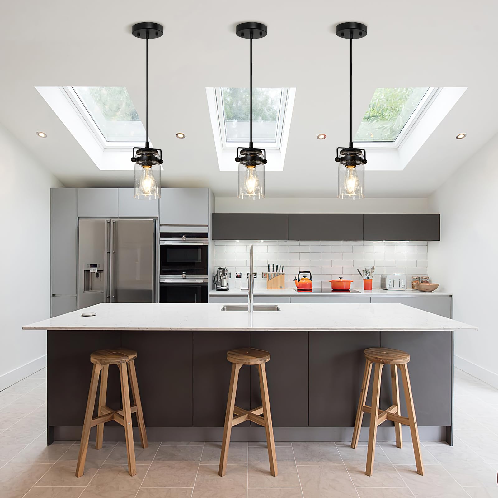 3 Pack Black Adjustable Farmhouse Pendant Lights with Seeded Glass Shade - Industrial Hanging Ceiling Light Fixtures for Kitchen Island, Dining Room, Bar & Living Room Decor