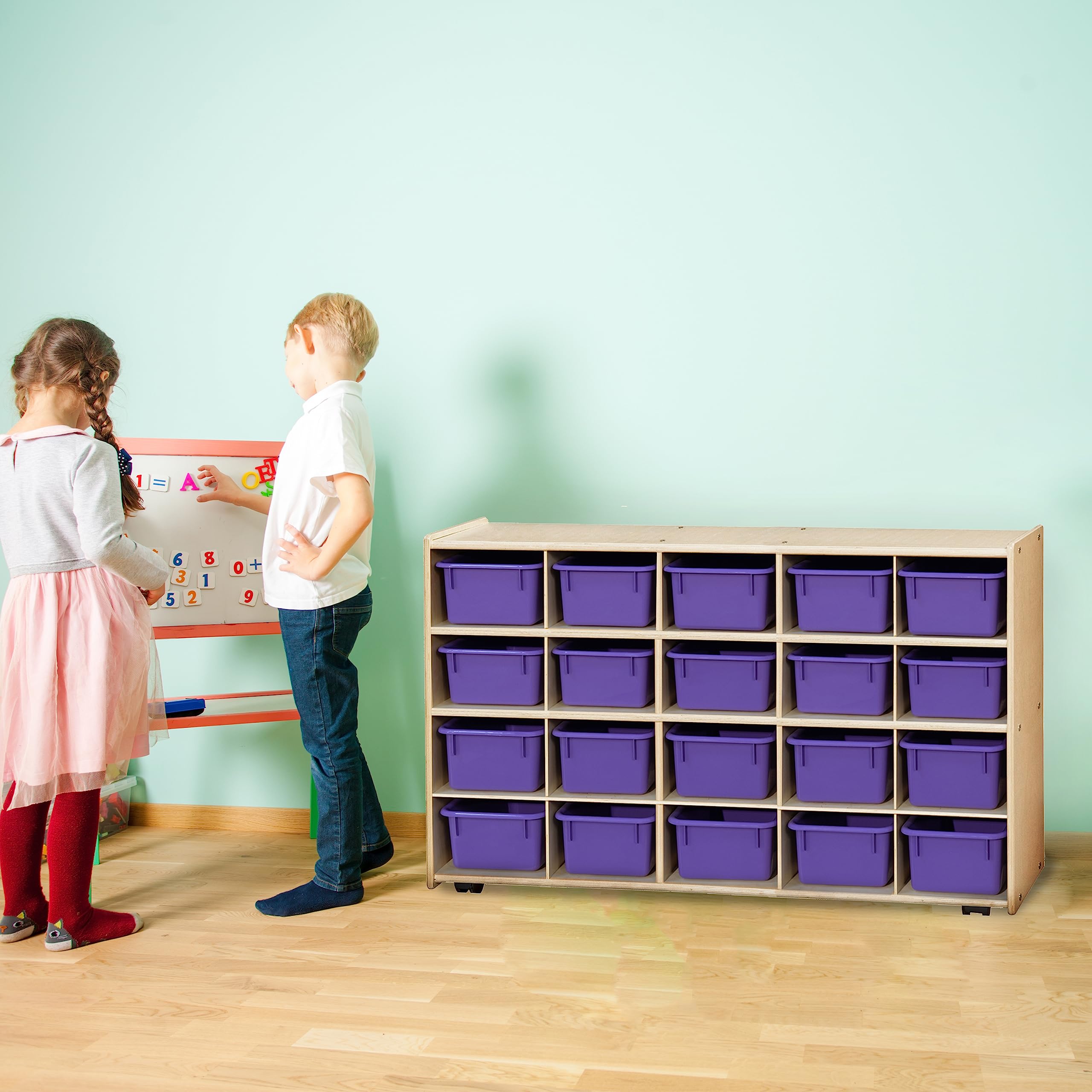 Contender Cubby Storage Shelf with 20 Purple Trays - Kids Toy Organizer, Classroom & Home Storage Solution - Durable Hardwood Cabinet for Toys, Books & School Supplies