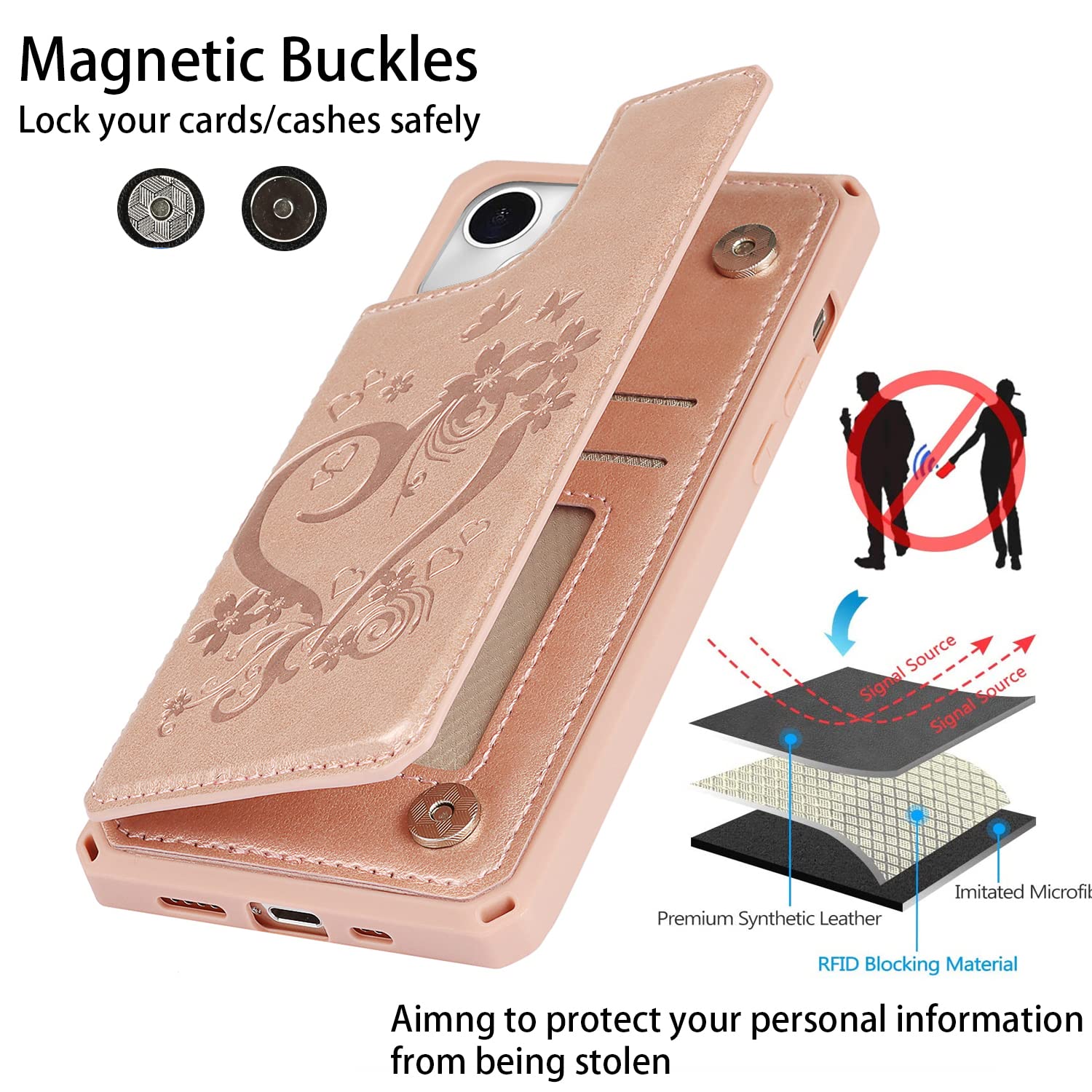 Premium Leather iPhone 13 Wallet Case with Card Holder & Stand - Shockproof Protective Phone Cover with Strap for Women (Rose Gold) | Perfect for Daily Commute, Shopping & Travel