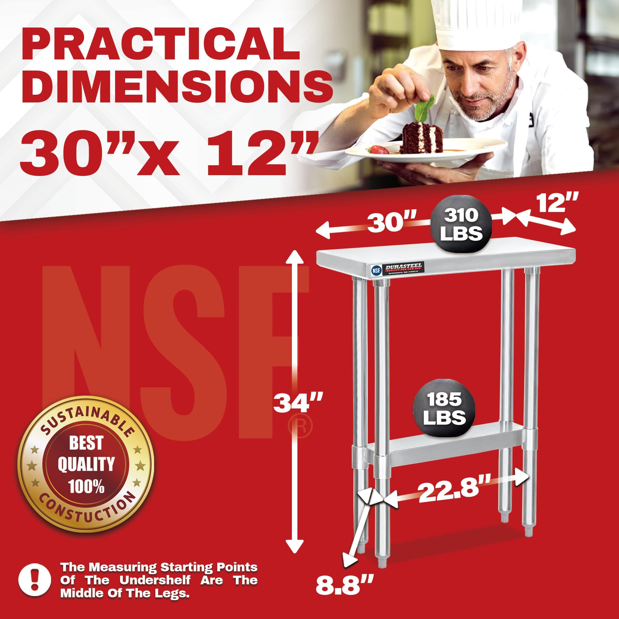 DuraSteel 30x12 Narrow Stainless Steel Table - NSF Certified Small Side Counter Height Metal Table with Under Shelf - Perfect for Food Prep, Laundry Room, Kitchen, Outdoor Grill & Small Spaces - Heavy Duty & Space Saving Design