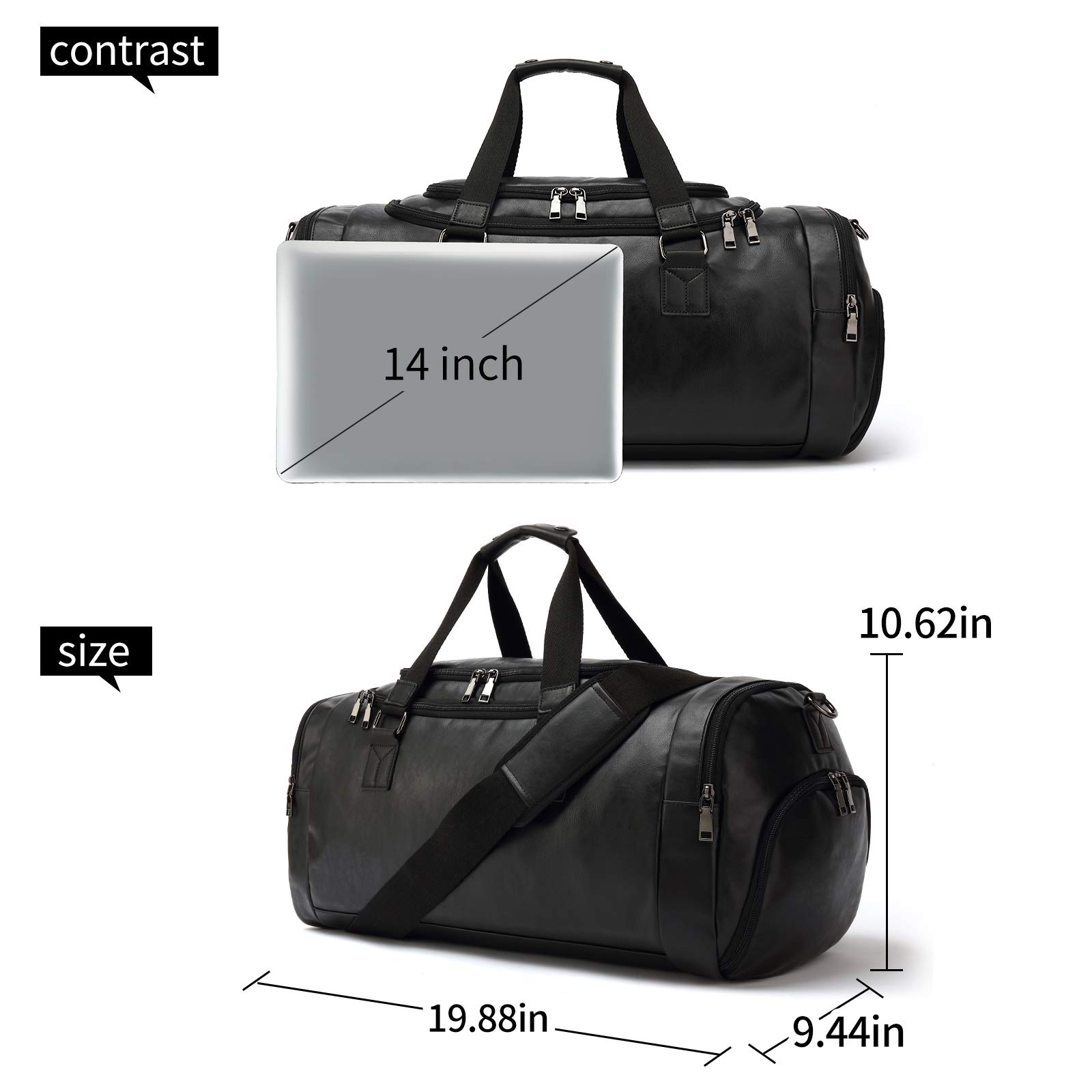 Premium Leather Travel Duffel Bag for Men & Women with Shoe Compartment - Water-Resistant Black Carry-On Luggage for Gym, Weekend Trips & Business Travel