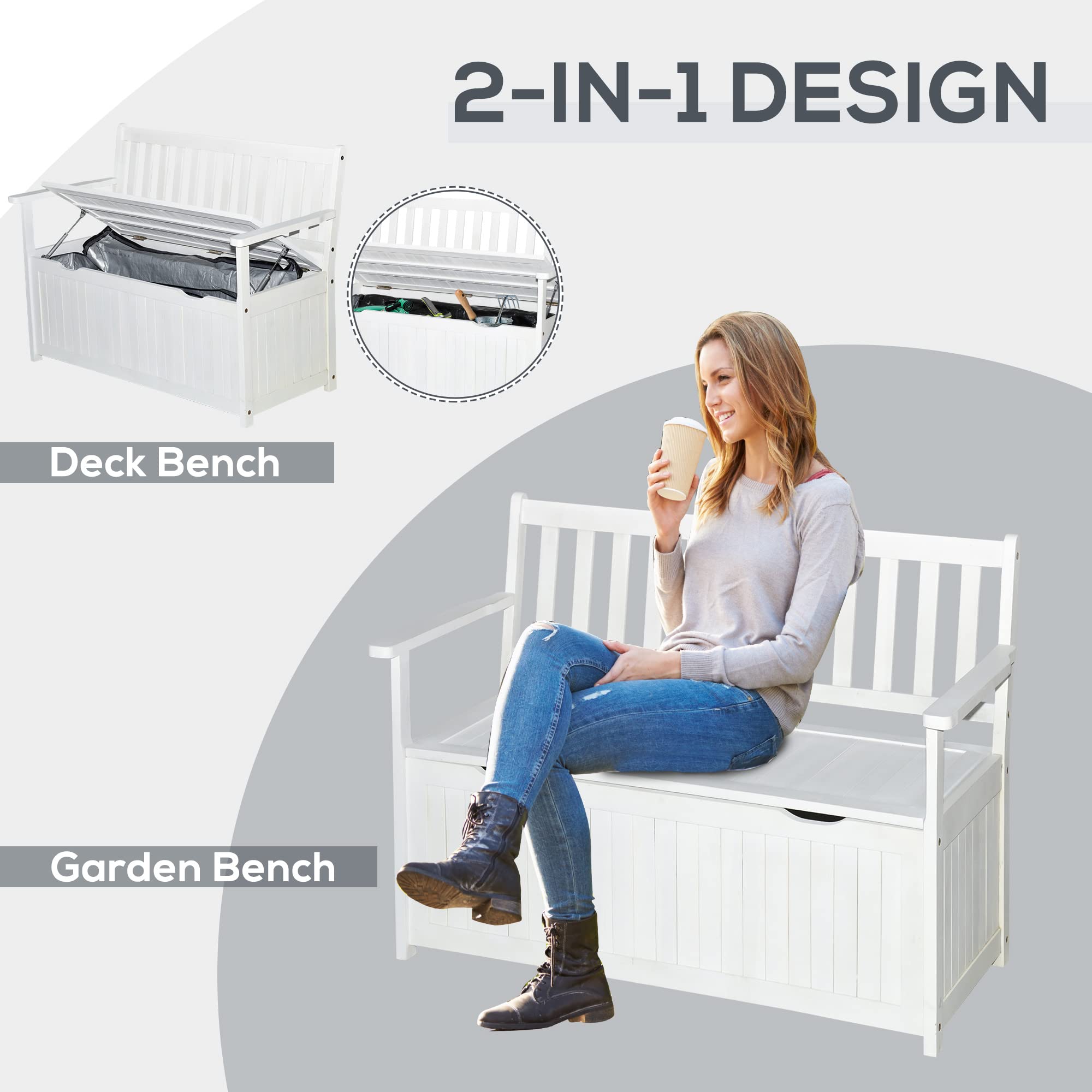 Outsunny 41 Gallon Outdoor Storage Bench - Waterproof Wooden Deck Box with PE Lining, 2-Seat Patio Garden Container for Yard, Balcony & Backyard - Perfect for Storing Garden Tools, Cushions & Outdoor Accessories (White)
