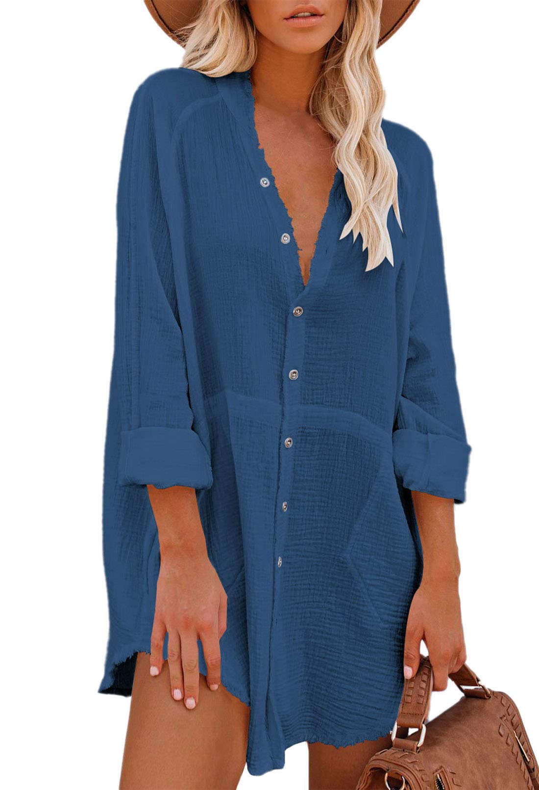 HAPCOPE Women's Button Down Shirt Dress - Casual Loose Long Sleeve Swim Cover Up | Beachwear, Poolside Outfit, Summer Vacation Dress