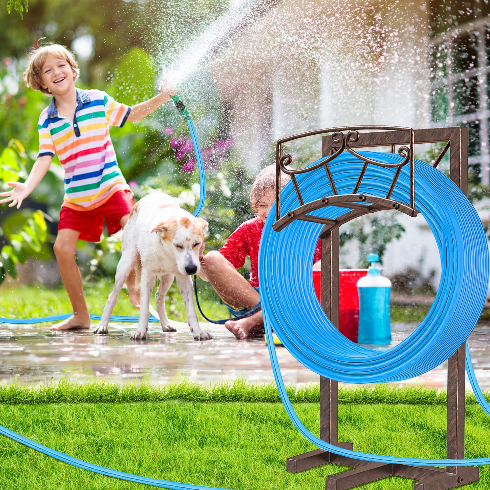 Heavy Duty Metal Garden Hose Holder with 5 Spikes - Freestanding Water Hose Storage Rack & Hanger for Outdoor Yard, Lawn & Garden - Holds Up to 150ft Hose - Perfect for Organizing and Decorating Your Backyard, Patio or Garage