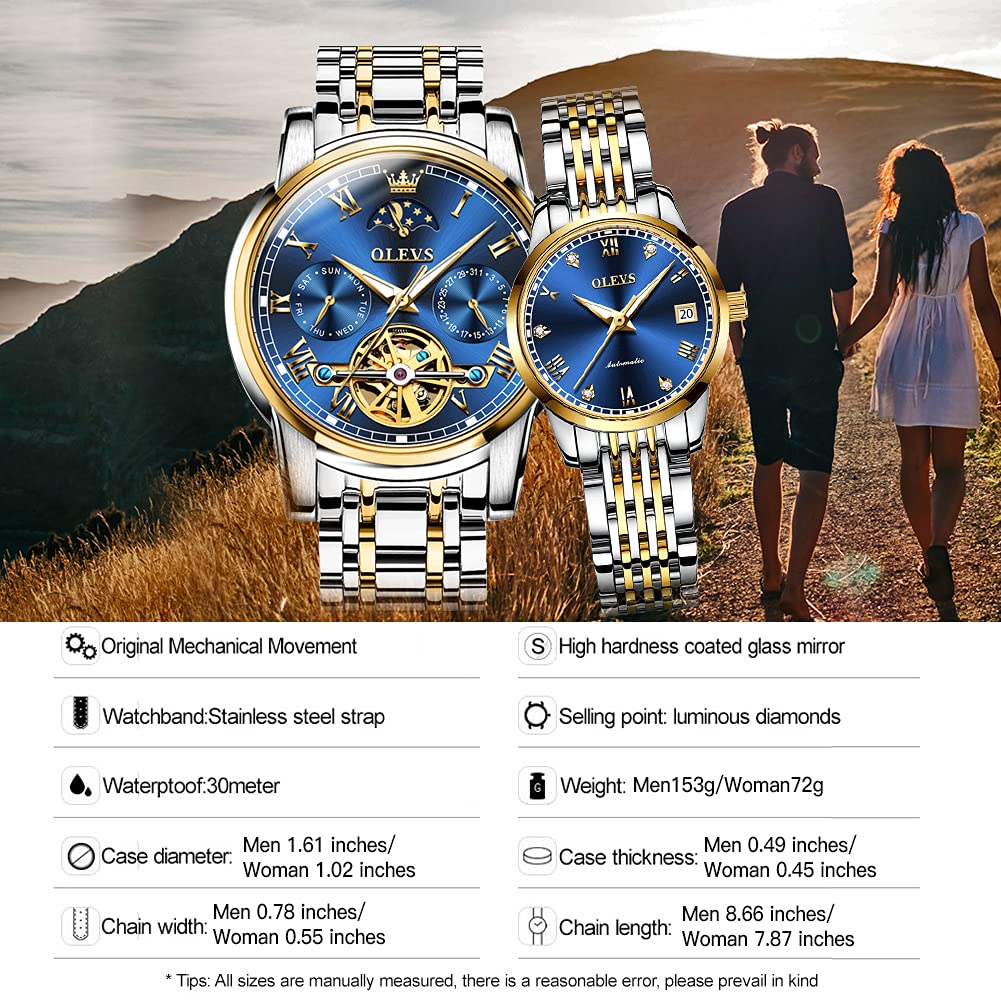 OLEVS Automatic Couple Watches for Men and Women - His and Hers Matching Mechanical Self-Winding Tourbillon Dress Watches with Day Date Calendar, Big Face, Two Tone - Perfect Anniversary Gift for Couples, Wedding, Valentine's Day & Special Occasions