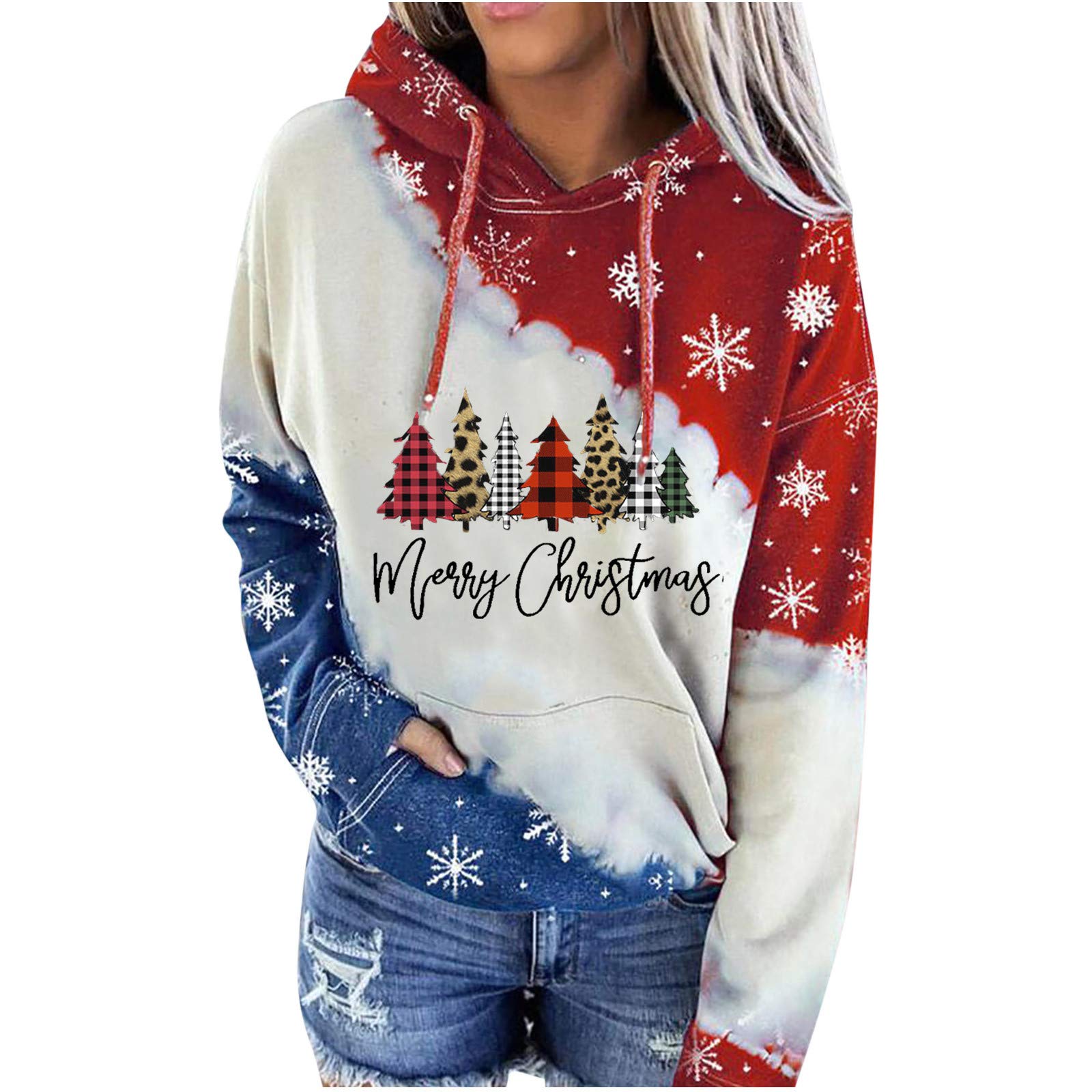 Women's Christmas Printed Color Block Hooded Long Sleeve Pullover Sweatshirt - Cozy Holiday Casual Wear for Ballerina, Girls, and Teens - Perfect for Winter Outfits, Christmas Parties & Gift Giving