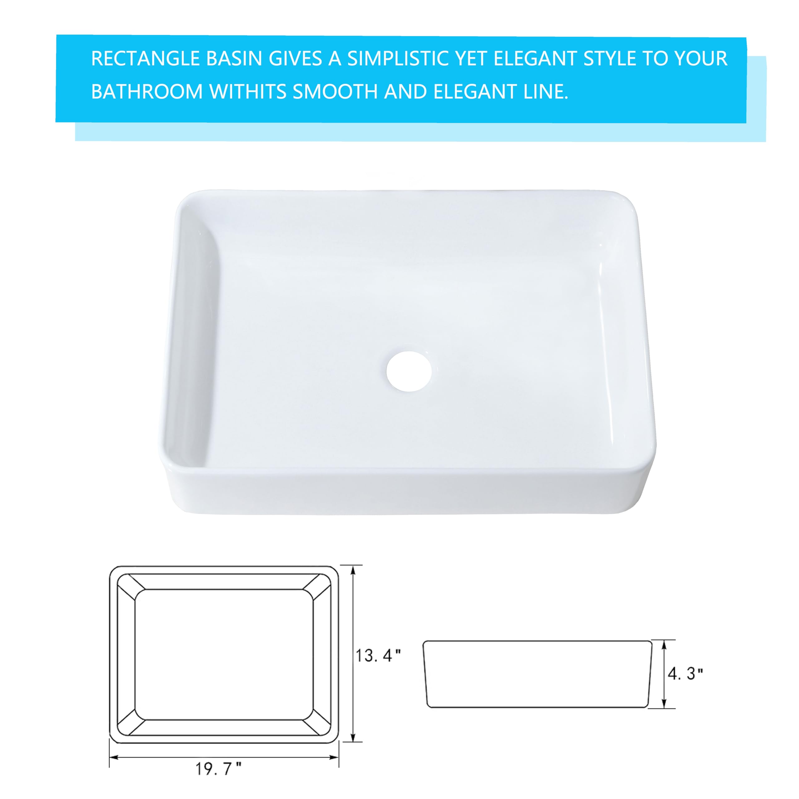 20x14 Inch Modern White Porcelain Ceramic Vessel Sink - Rectangular Above Counter Bathroom Vanity Sink with Art Basin | Perfect for Contemporary Bathrooms, Powder Rooms, and Luxury Home Decor (HLBLFY)