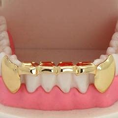 14K Gold Plated Hip Hop Grillz - Lower Bottom Fangs Teeth with Custom Mold Kit | Perfect for Rappers, Performers & Hip Hop Fashion Enthusiasts