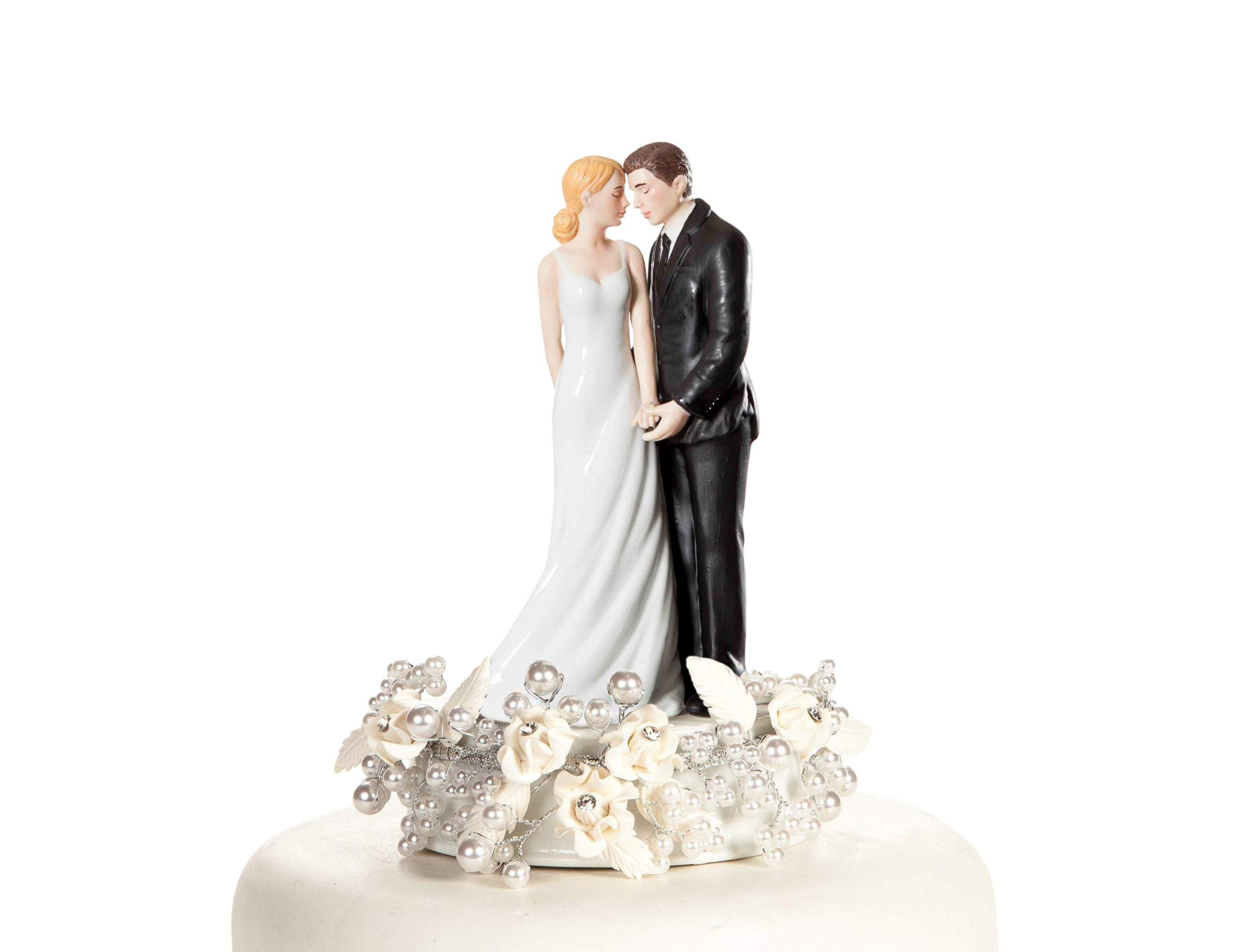 Vintage Rose Pearl Wedding Cake Topper for Bride and Groom - Elegant Handmade Cake Decor for Wedding, Anniversary, Bridal Shower & Romantic Celebrations