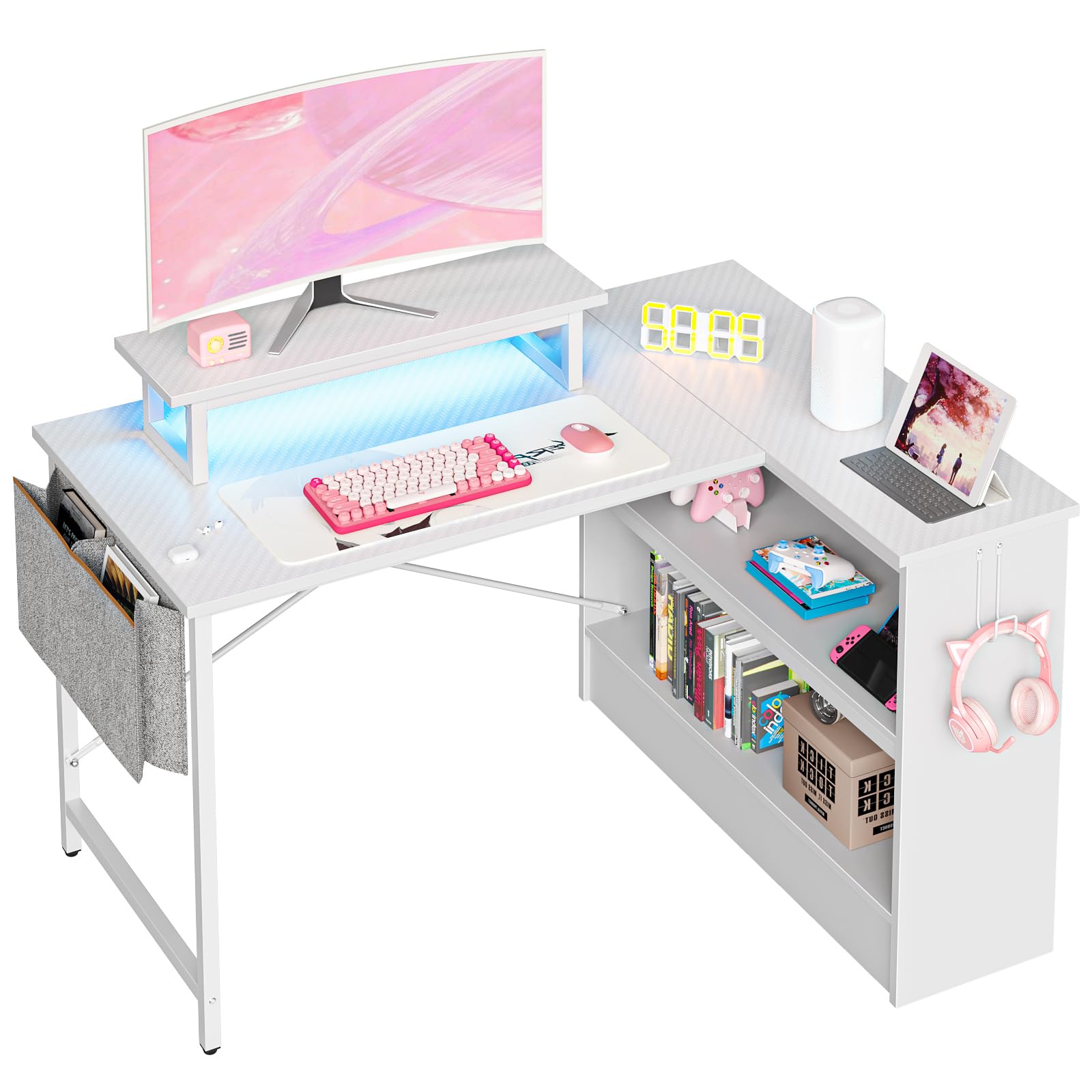 Bestier 42 Inch L-Shaped Gaming Desk with LED Lights - Computer Desk with Monitor Stand & Open Storage Cabinet, Home Office Study Corner Desk for Bedroom (White) | Perfect for Small Spaces & Multi-Monitor Setups