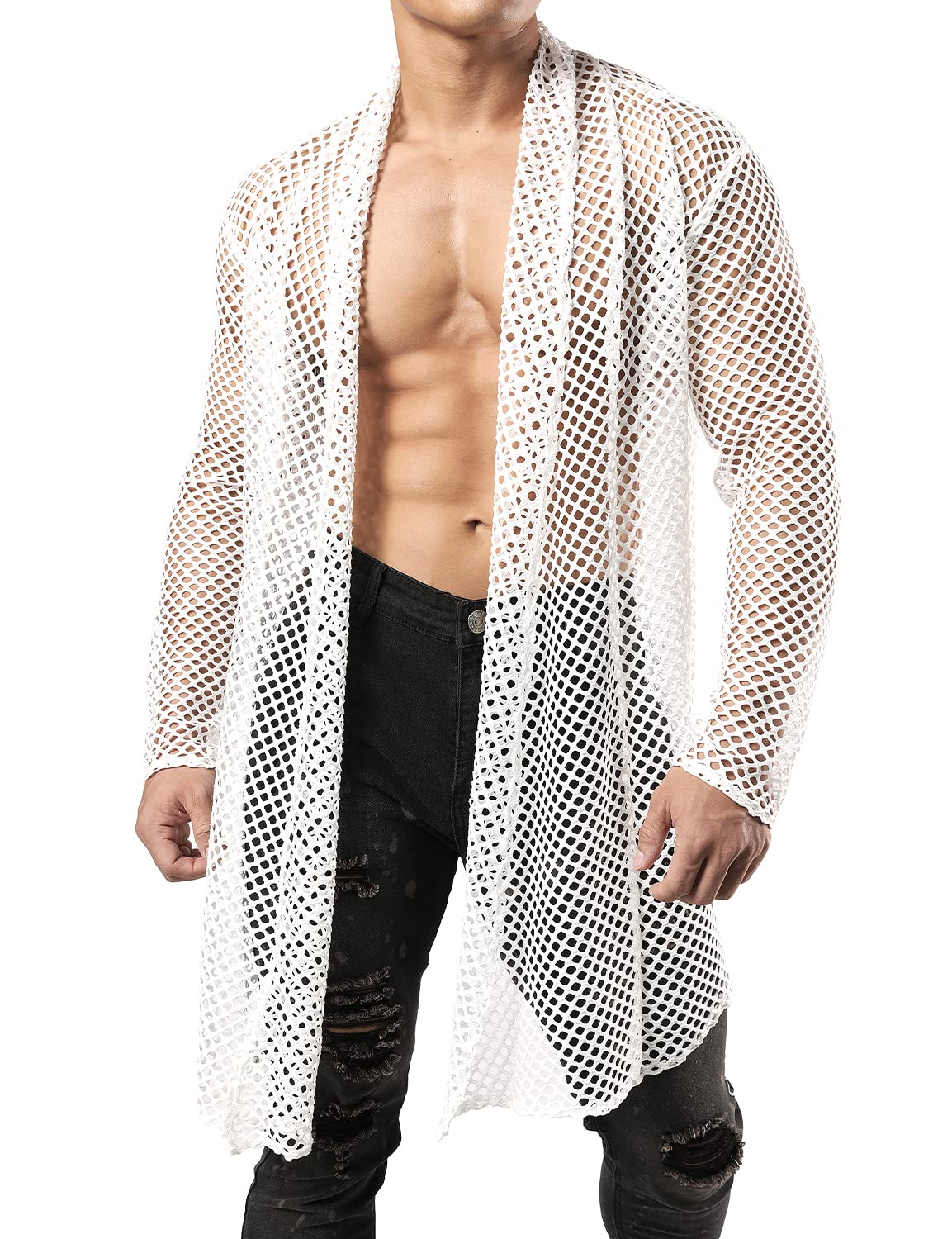 JOGAL Men's Mesh Fishnet Cardigan Fitted Muscle Top - Breathable Workout Shirt for Gym, Running & Streetwear Fashion