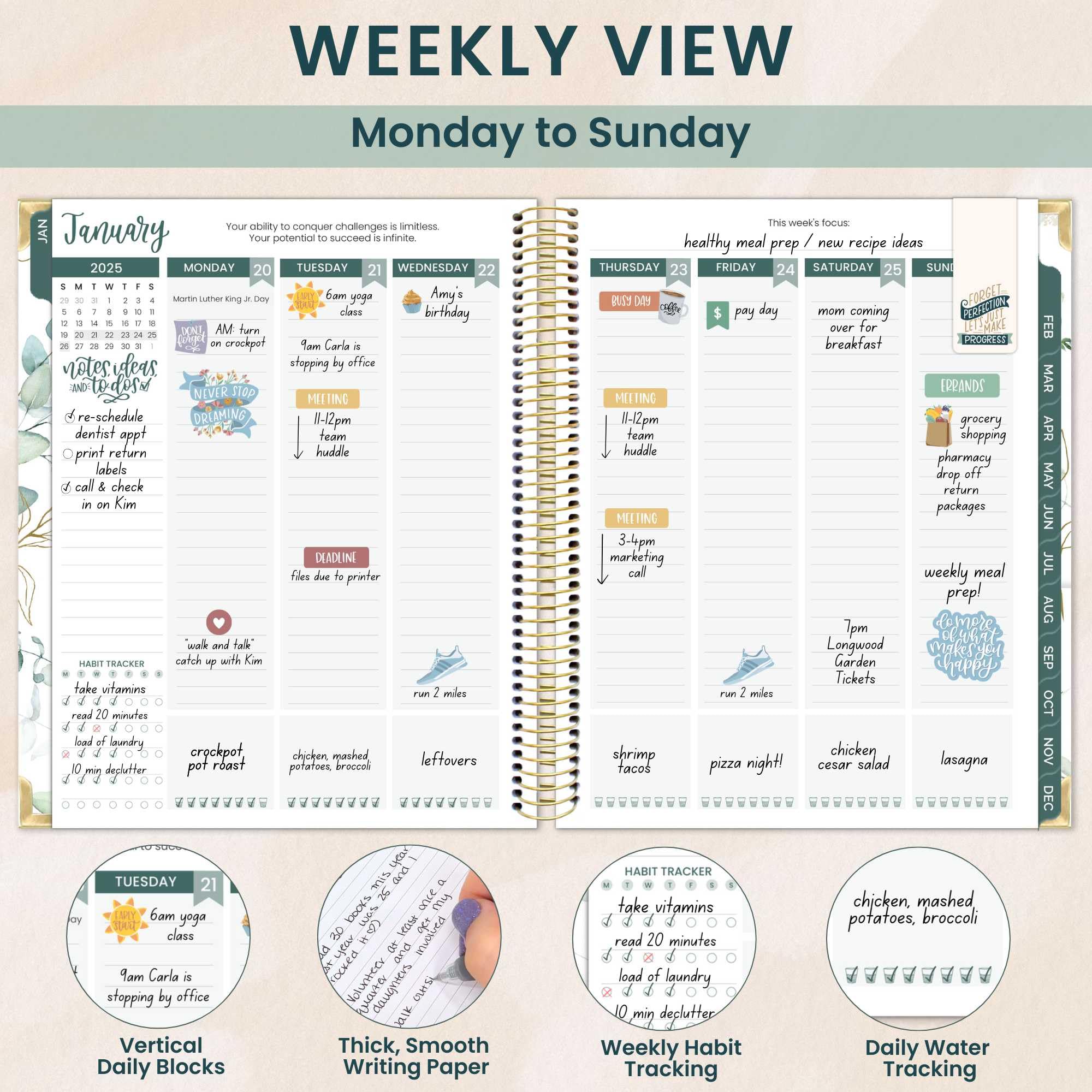 Bloom 2025 Hardcover Goal & Vision Planner - January to December 2025 Monthly/Weekly Organizer - 7.5