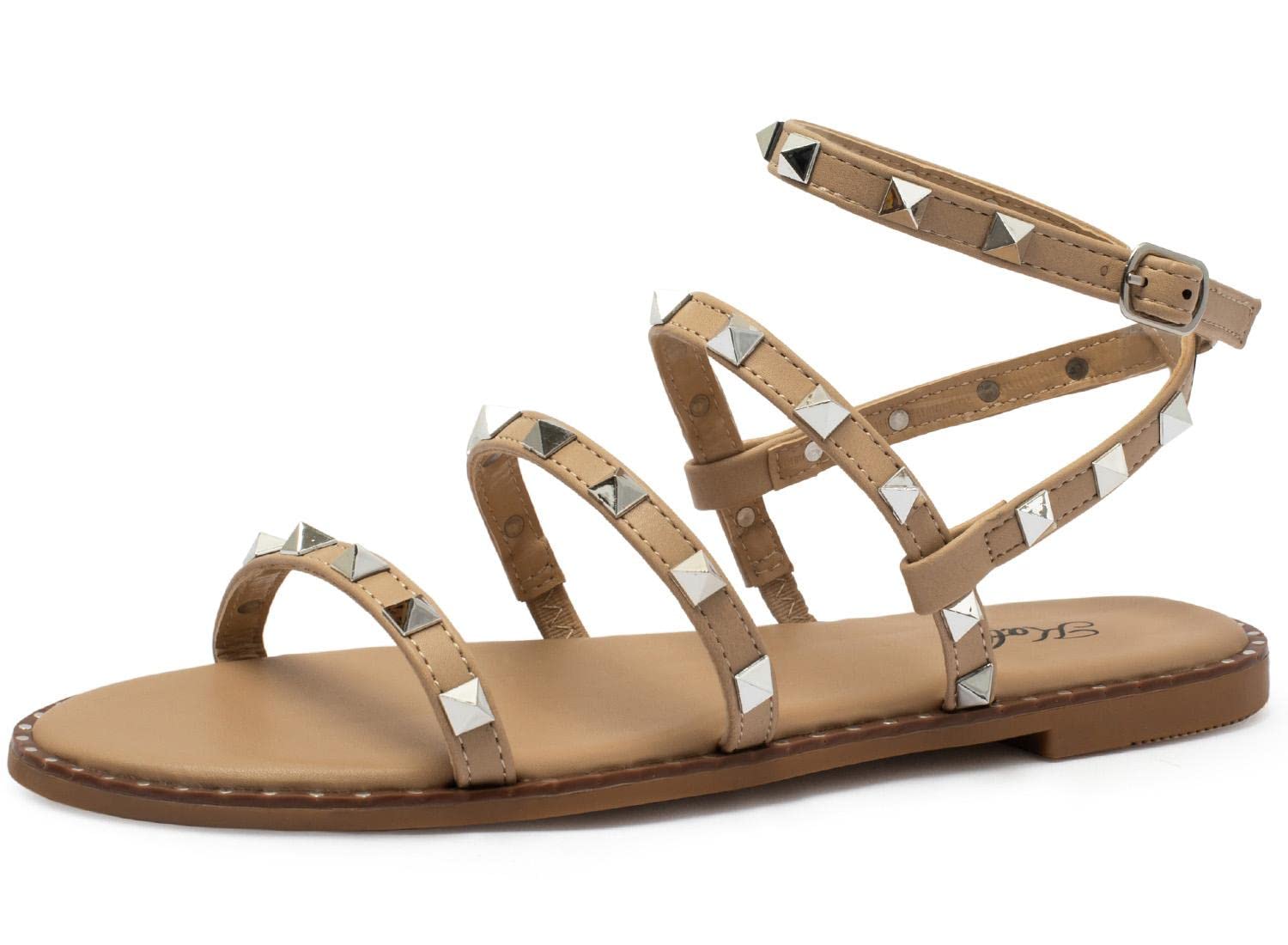 Katliu Women's Flat Sandals - Strappy Studded Gladiator Sandals with Ankle Strap | Comfortable Summer Casual Shoes for Beach, Vacation & Daily Wear