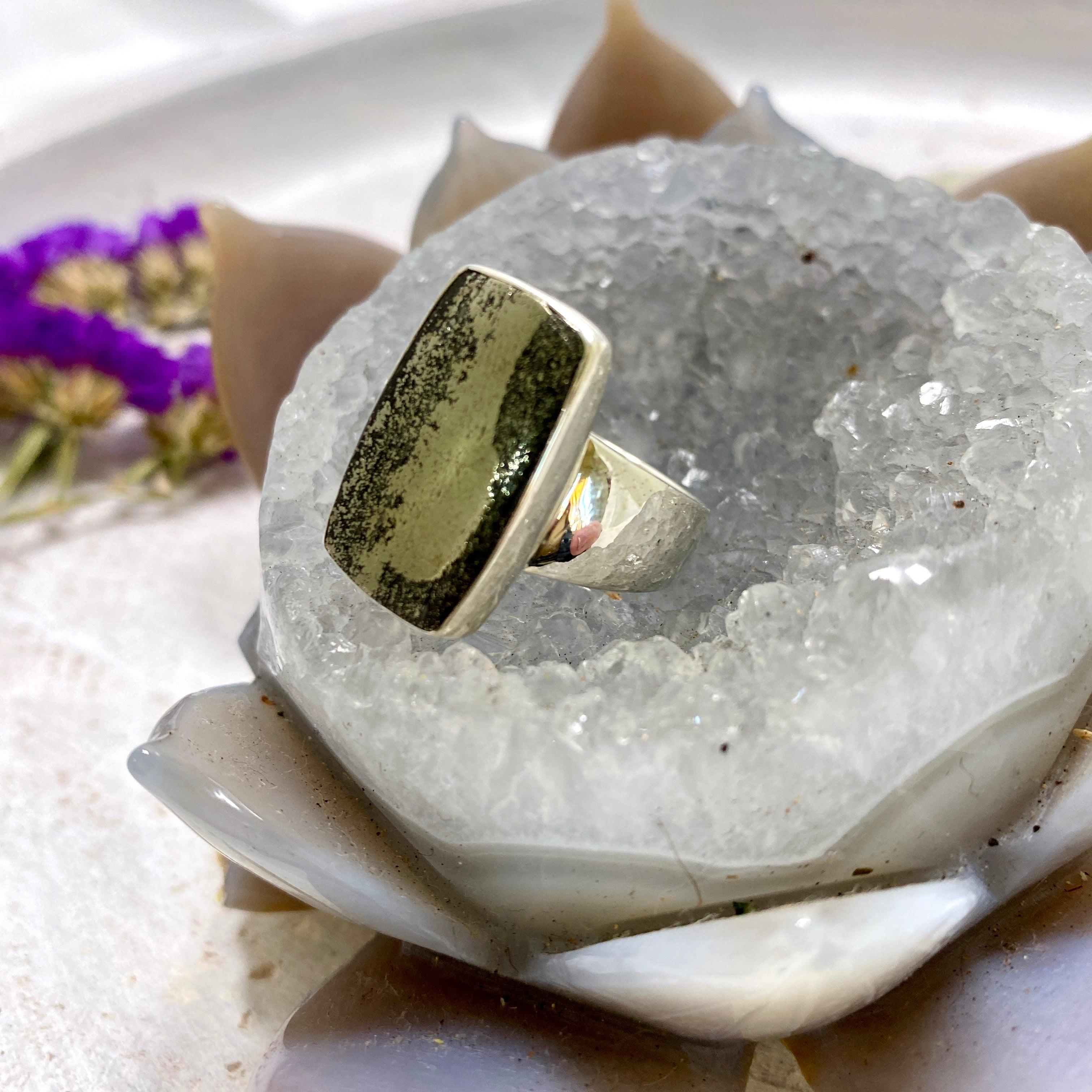 Healer's Gold (Pyrite in Magnetite) Rectangular Ring - Size 9 - KRGJ2401 - Perfect for Spiritual Healing, Energy Work & Boho Fashion Jewelry