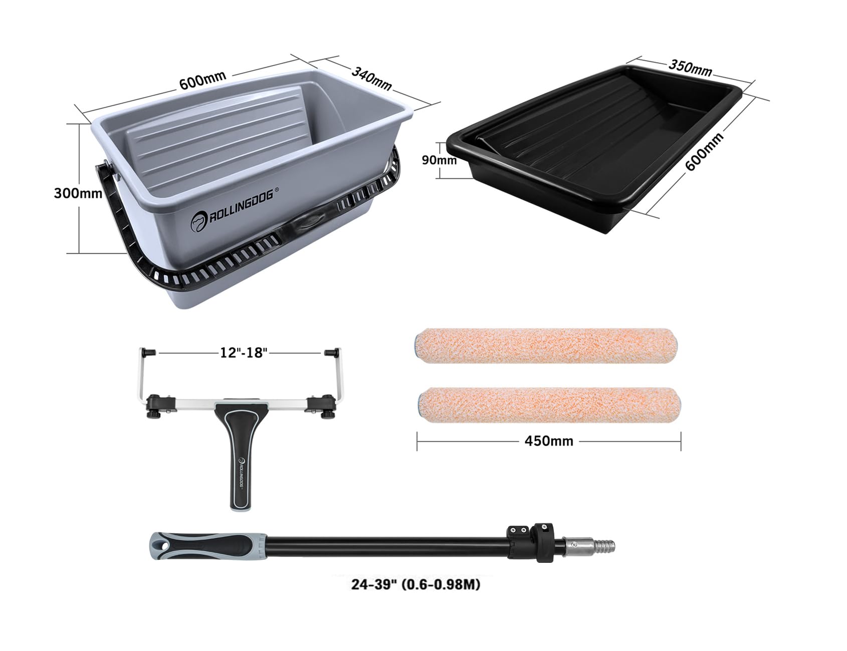 ROLLINGDOG 18 Inch Paint Roller Kit - Includes 18 Inch Frame, 2-3.2 Ft Extension Pole, Paint Bucket with Liners, 2 Microfiber Roller Sleeves & 4 Inch Roller Covers - Perfect for Walls, Ceilings & Large Painting Projects