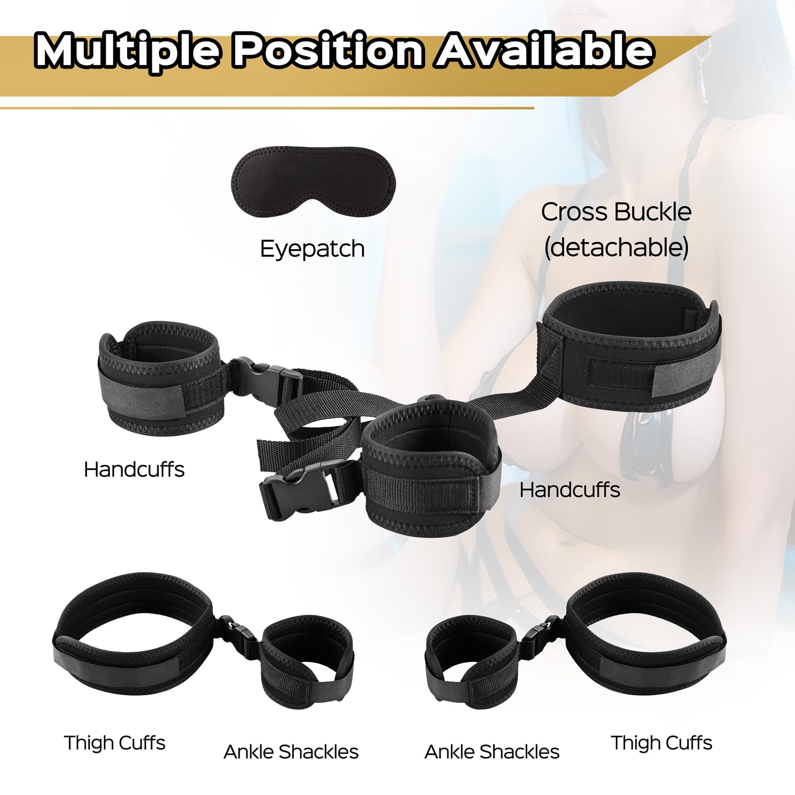 Premium Adjustable BDSM Bondage Restraints Set - Neck, Wrist & Thigh Cuffs with Universal Buckle Locks for Couples Play - Sensual Blindfold & Sex Straps Included - Perfect for Spicing Up Your Bedroom, Role Play & BDSM Exploration (Black)