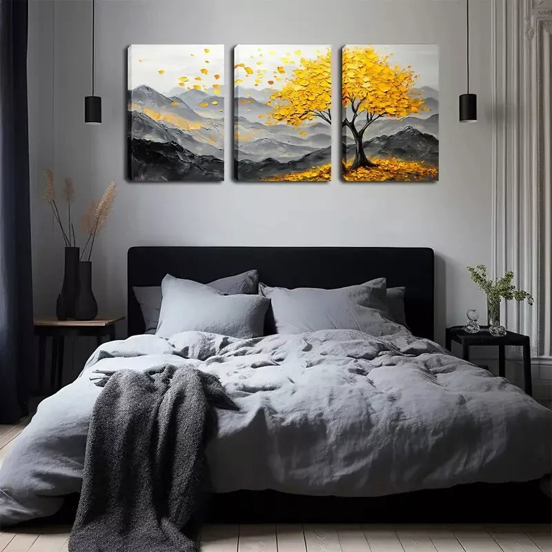 3-Piece Yellow Big Tree on Mountain Wall Art Set - Framed Canvas 40x60cm - High Quality Print - 100% Australian Made - Ready to Hang - Perfect for Living Room, Bedroom & Office Decor