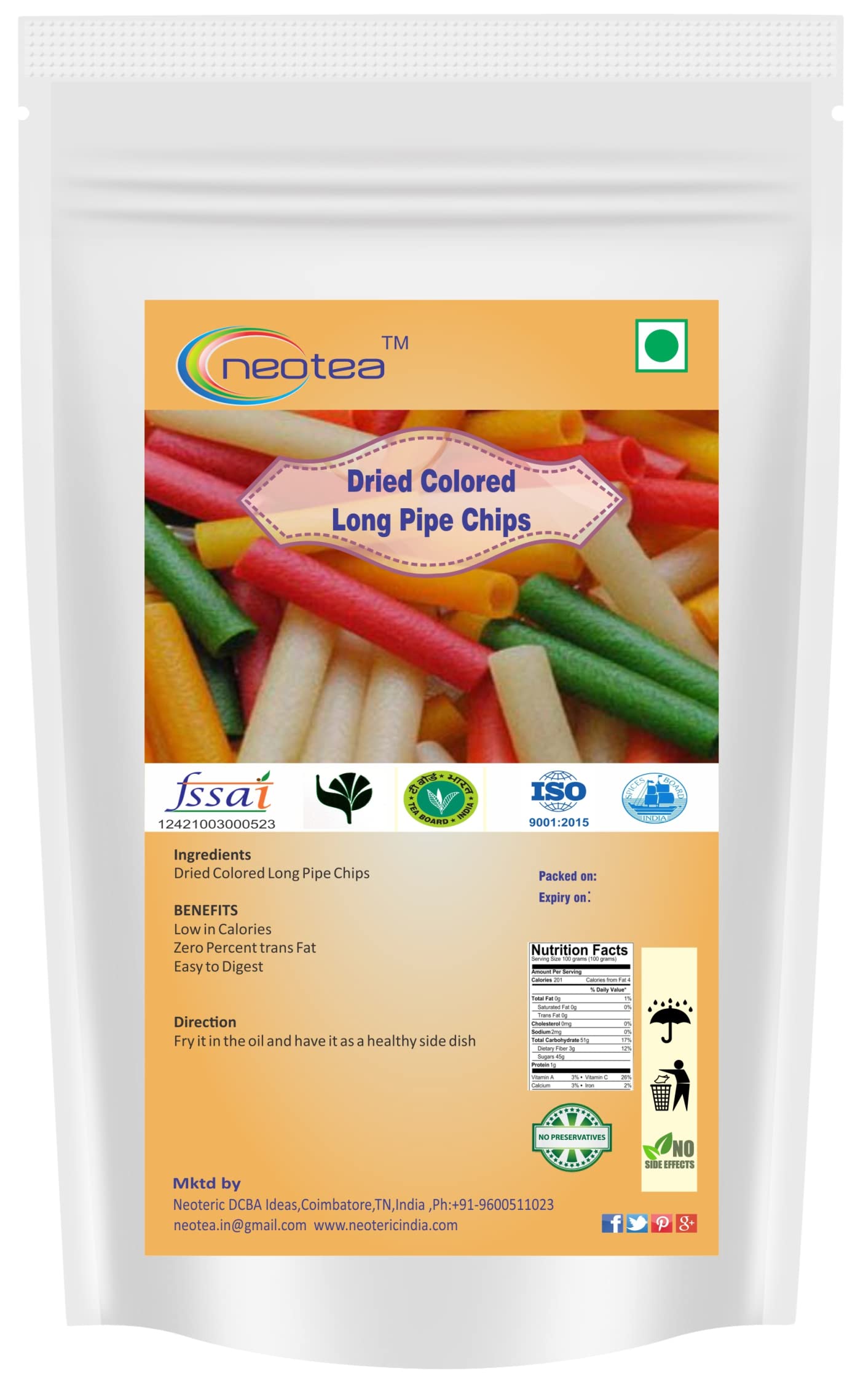 Neotea Homemade Fryum Snacks - Dried Colorful Long Pipe Chips (250g) | Crunchy Vegan Snack for Parties, Movie Nights & Healthy On-the-Go Munching