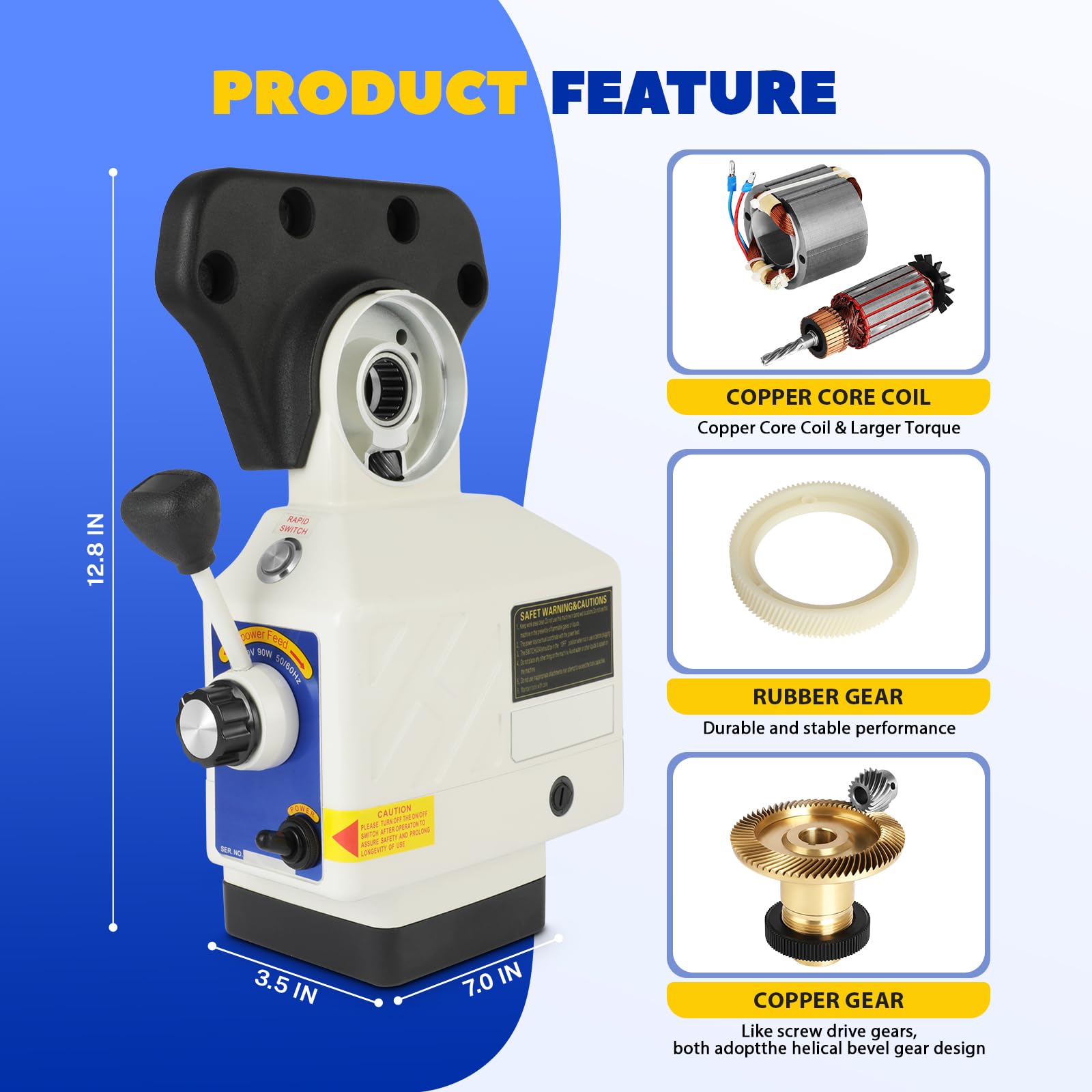 High Torque Power Feed for Milling Machine - 450 in-lbs, 0-200 RPM, 110V - Compatible with Bridgeport & Knee Mills (5/8