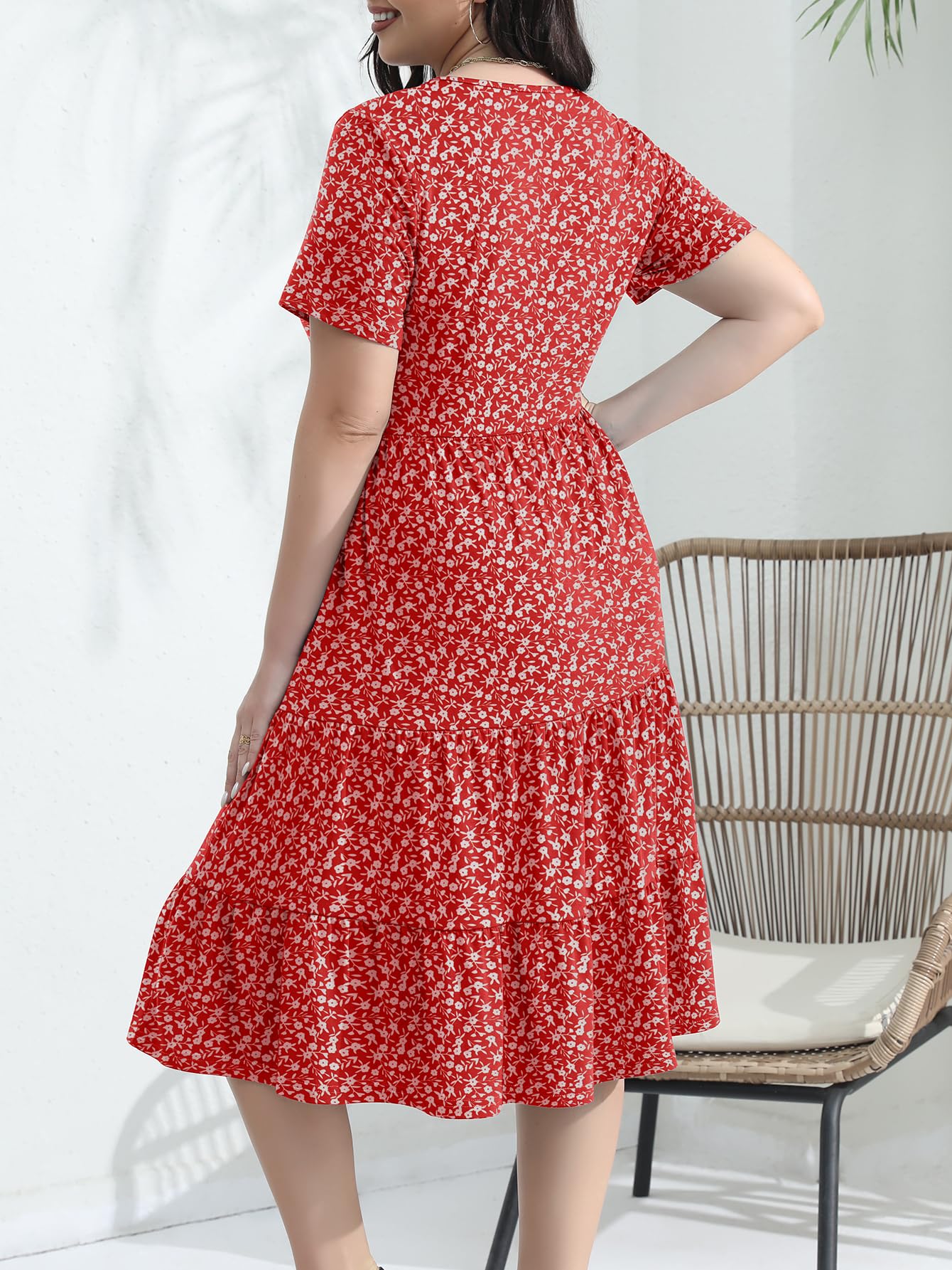 Elegant Plus Size Floral Midi Dress for Women 2025 - Tiered Flowy Modest Wedding Guest Dress with Belt & Pockets | Perfect for Bridal Showers, Garden Parties & Formal Events