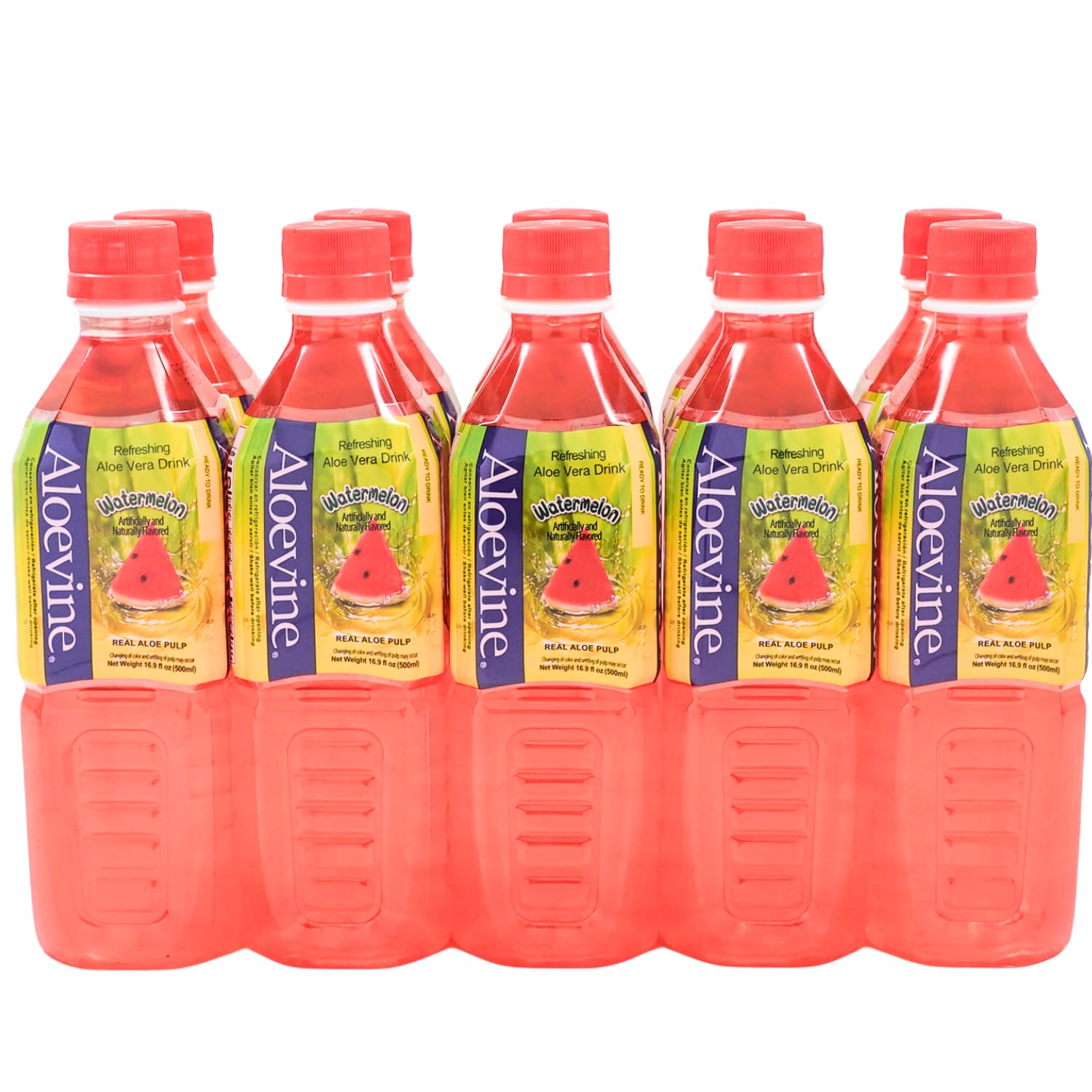 ALOEVINE Aloe Vera Juice Drink with Watermelon & Aloe Chunks | 16.9 Oz 10-Pack | Plant-Based Korean Vegetable Beverage | Refreshing Hydration for Summer, Workouts & Healthy Lifestyle