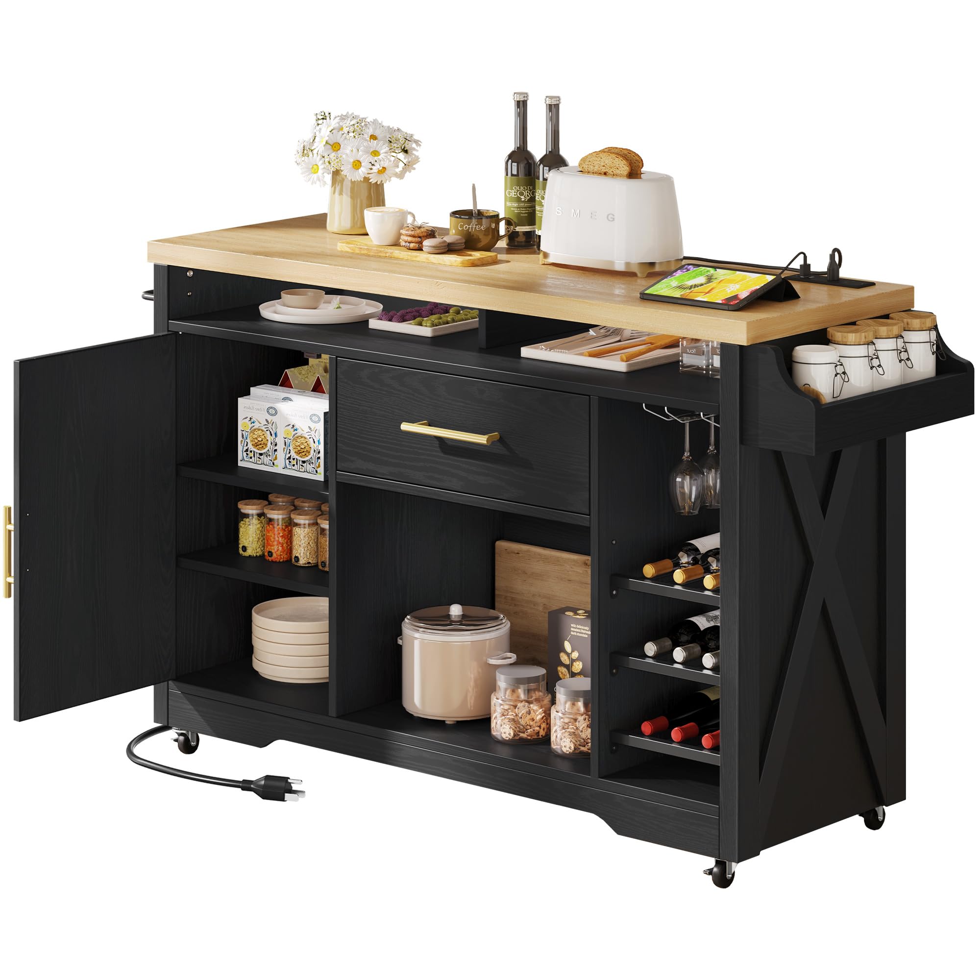 **YITAHOME 50-Inch Wide Black Kitchen Island with Power Outlet, Rolling Kitchen Cart with Wine Rack & Spice Rack, Mobile Storage Island with Glass Holder, Wheels for Easy Mobility – Perfect for Living Room, Kitchen, or Dining Area**