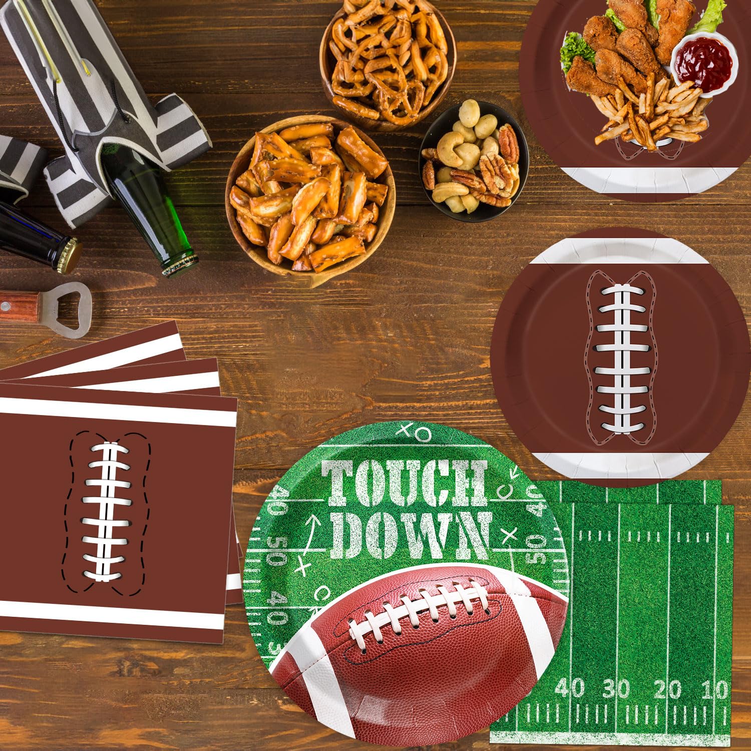 Football Party Supplies Kit for 50 Guests - Touchdown Dinner Plates, Dessert Plates & Napkins Set - Green, White & Brown - Perfect for Game Day Tailgates, Sports Events & Football Themed Parties
