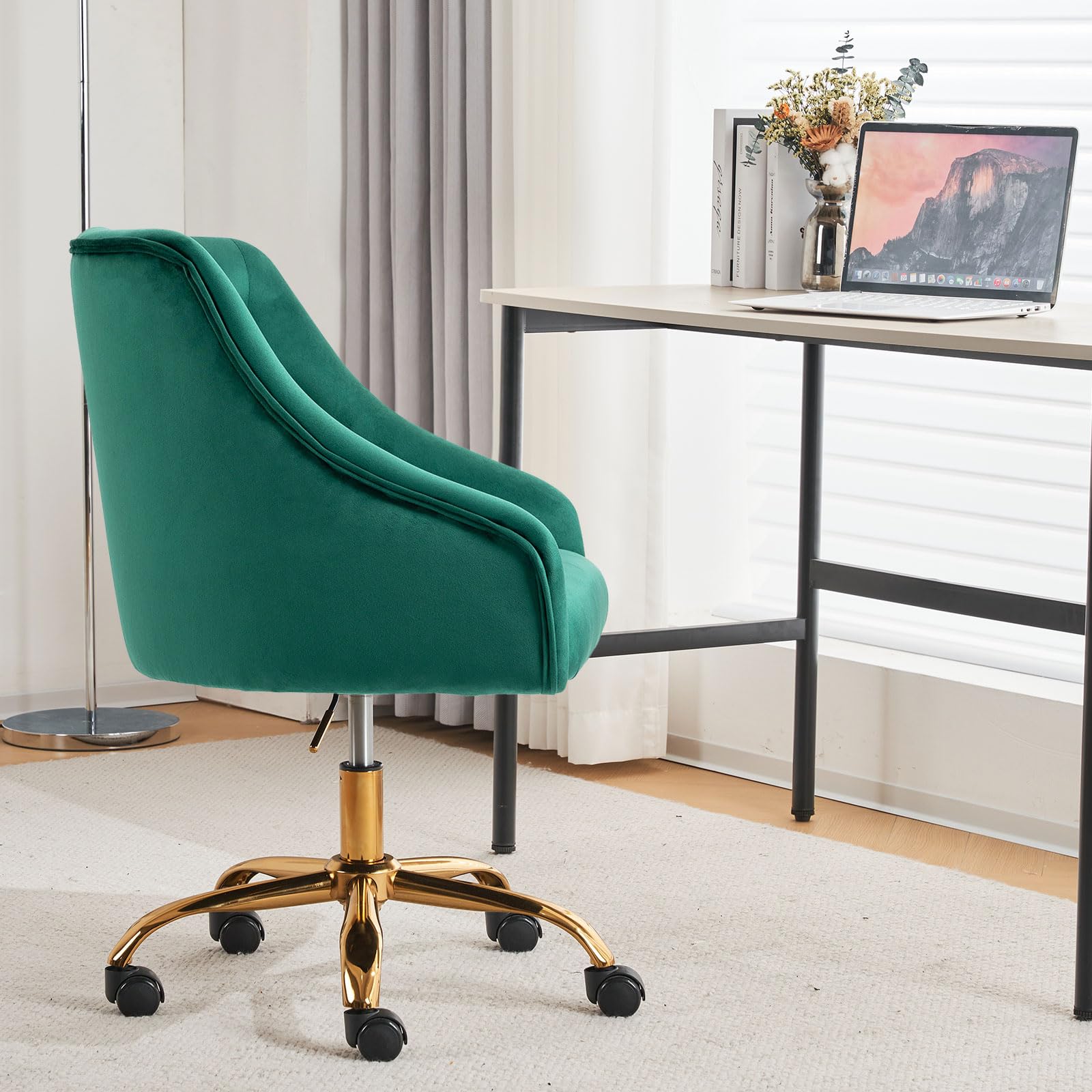 MOJAY Velvet Office Swivel Chair - Luxurious Fabric Desk Chair with 360° Rotation & Height Adjustment, Elegant Gold Base - Perfect for Home Office, Reception Areas & Vanity Desks (Green)