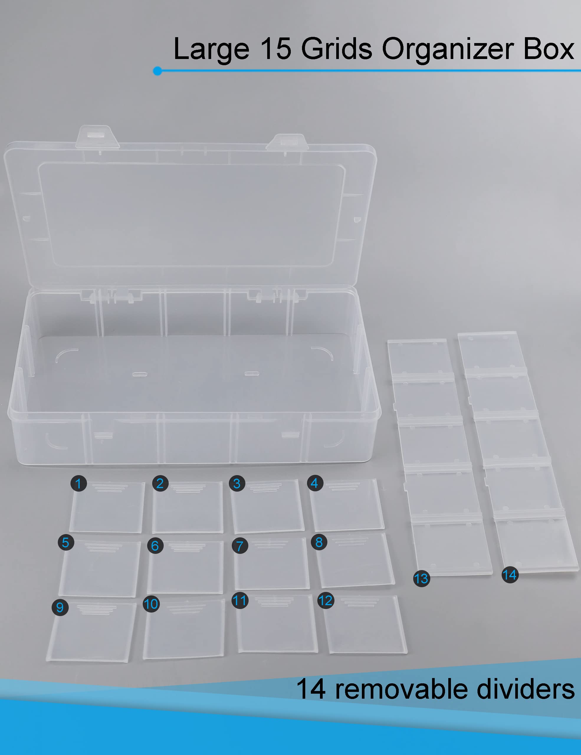 Clear Plastic Organizer Box with 15 Large Dividers - Bead Storage, Tackle Box & Snack Container for Crafts, Fishing & Kitchen Organization