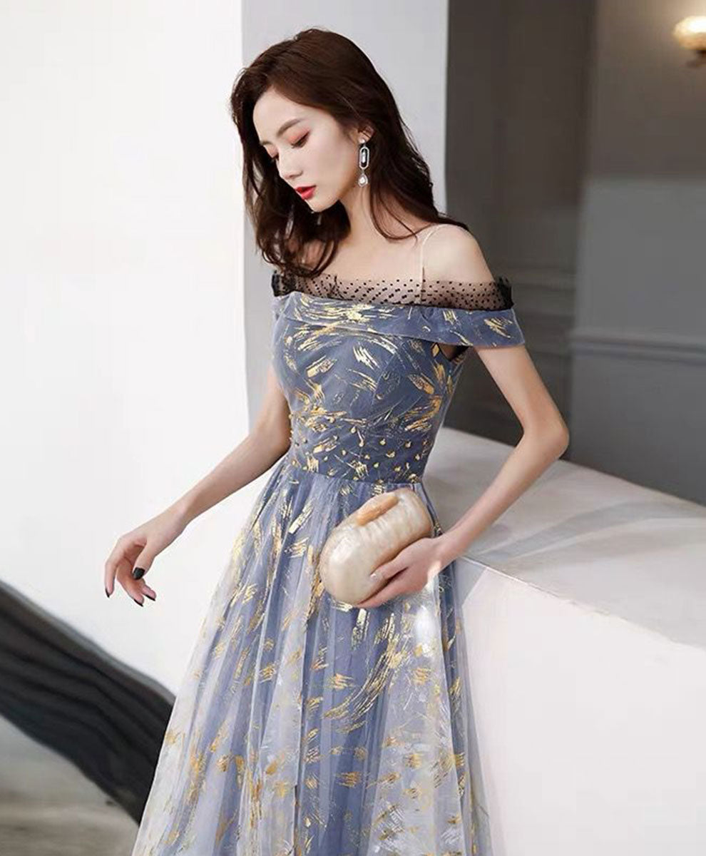 Elegant Blue Tulle Off-Shoulder Lace Long Prom Dress - Formal Evening Gown for Homecoming, Wedding & Special Occasions