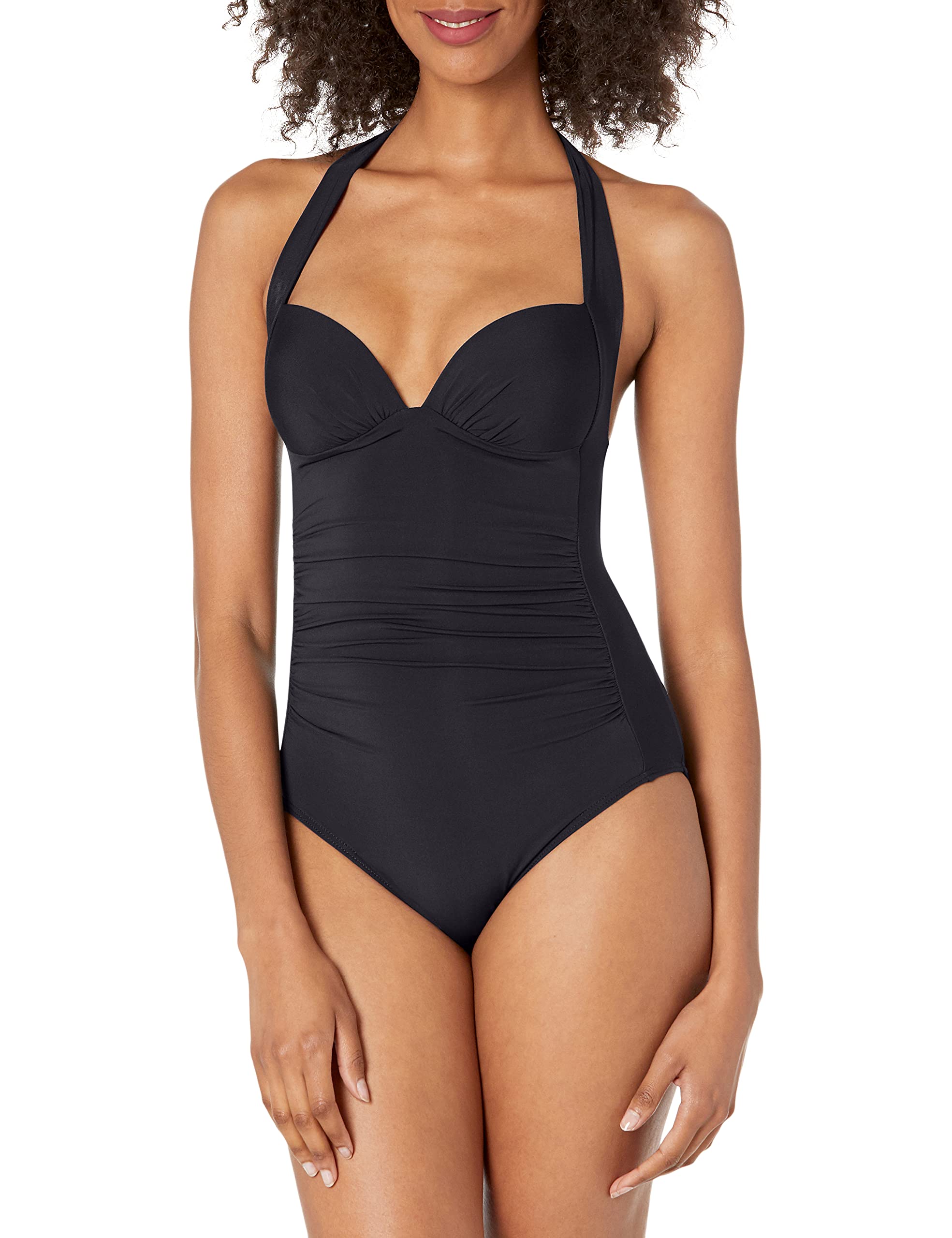 Women's 1950s Retro Halter One Piece Swimsuit - Vintage Pinup Style Bathing Suit with Gathered Bust for Beach, Pool Party & Summer Vacation