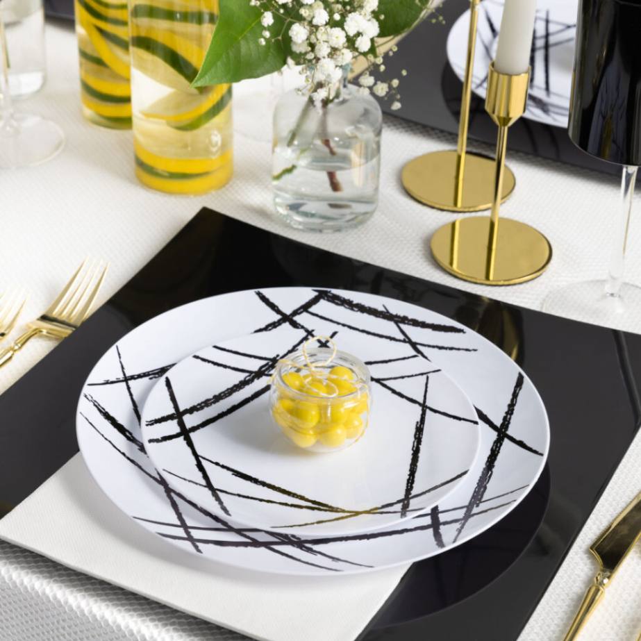 32-Piece White and Black Round Plastic Dinnerware Set - 16 Place Settings - Durable & Stylish for Parties, Picnics, and Outdoor Dining