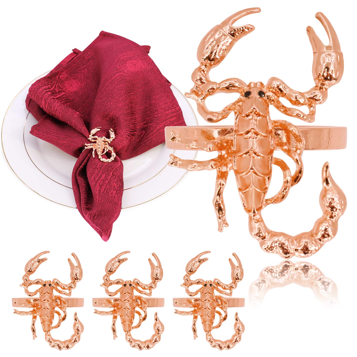 LABJULY Rose Gold Scorpion Napkin Rings Set of 4 - Elegant Table Decor for Wedding, Halloween, Easter Dinner Party - Unique Napkin Holders for Holiday & Themed Events (Rose Gold, 4 Pack)