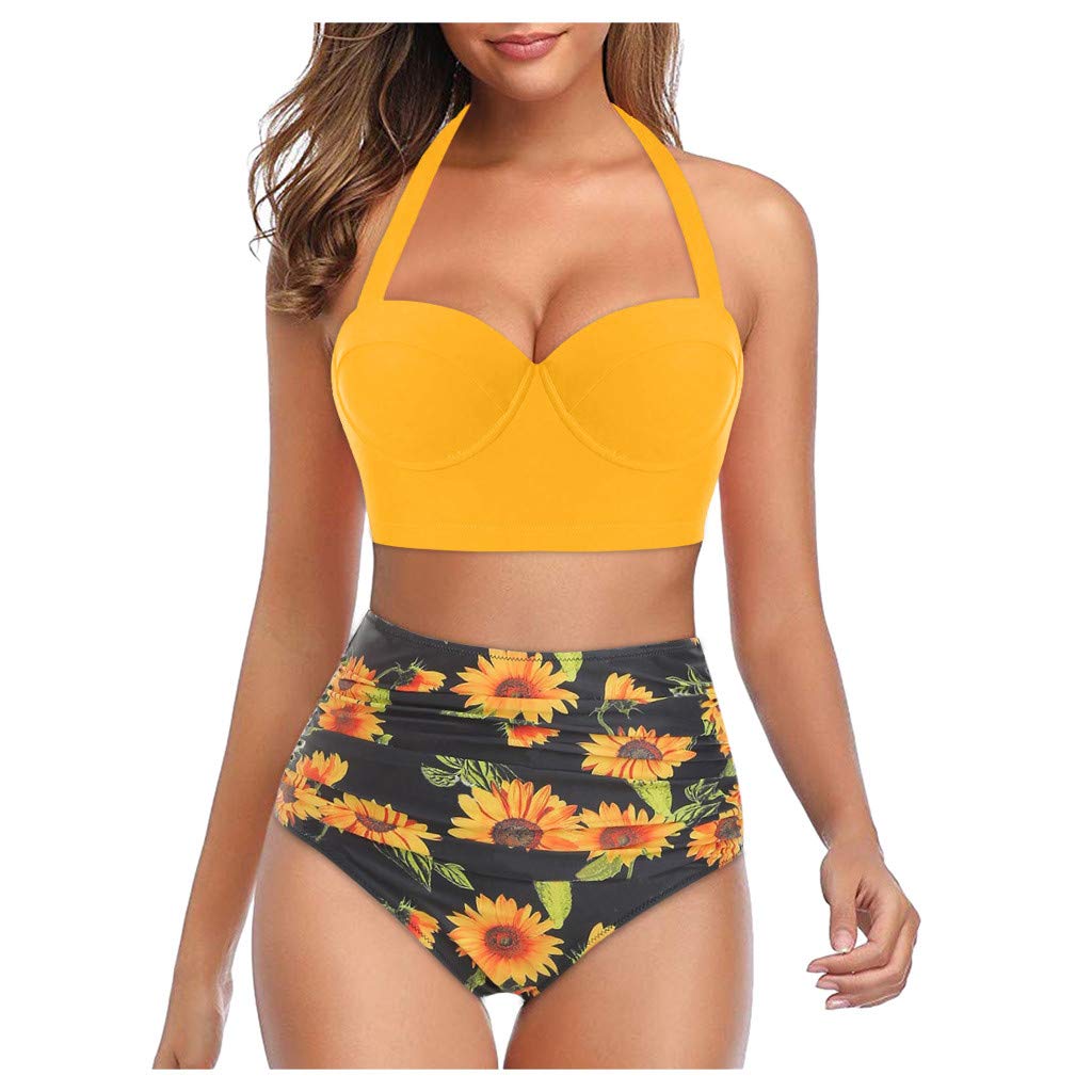 Vintage High Waisted Two Piece Bikini Set for Women - Floral Sunflower Print Bathing Suit with Pleated Tube Top | Beach Vacation, Pool Party & Summer Swimwear