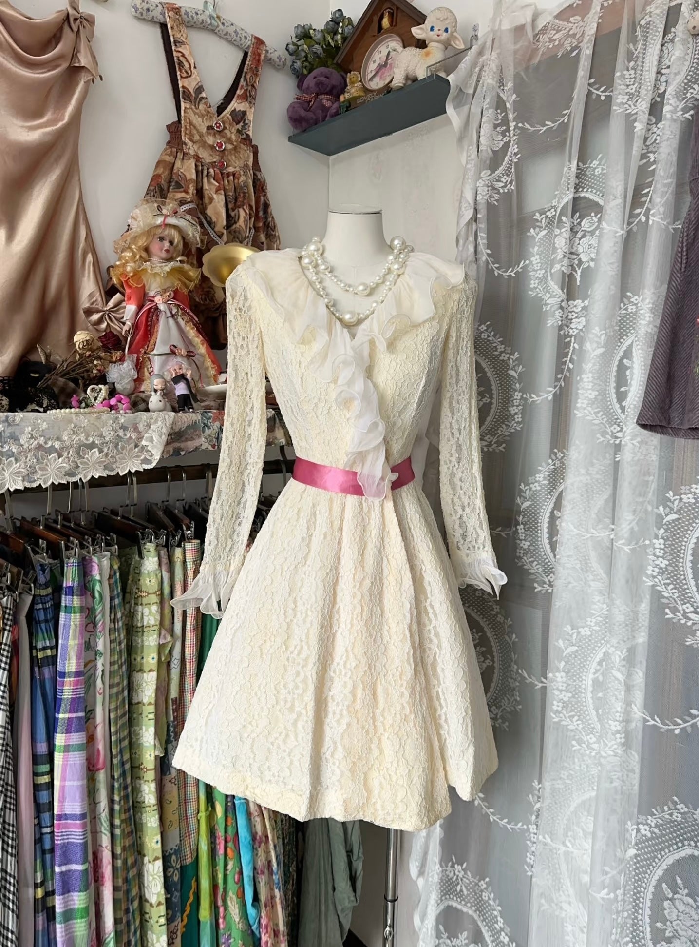 Elegant A-Line Lace Long Sleeve Beige Vintage Dress with Ruffle Details J6310 - Perfect for Weddings, Parties & Formal Occasions
