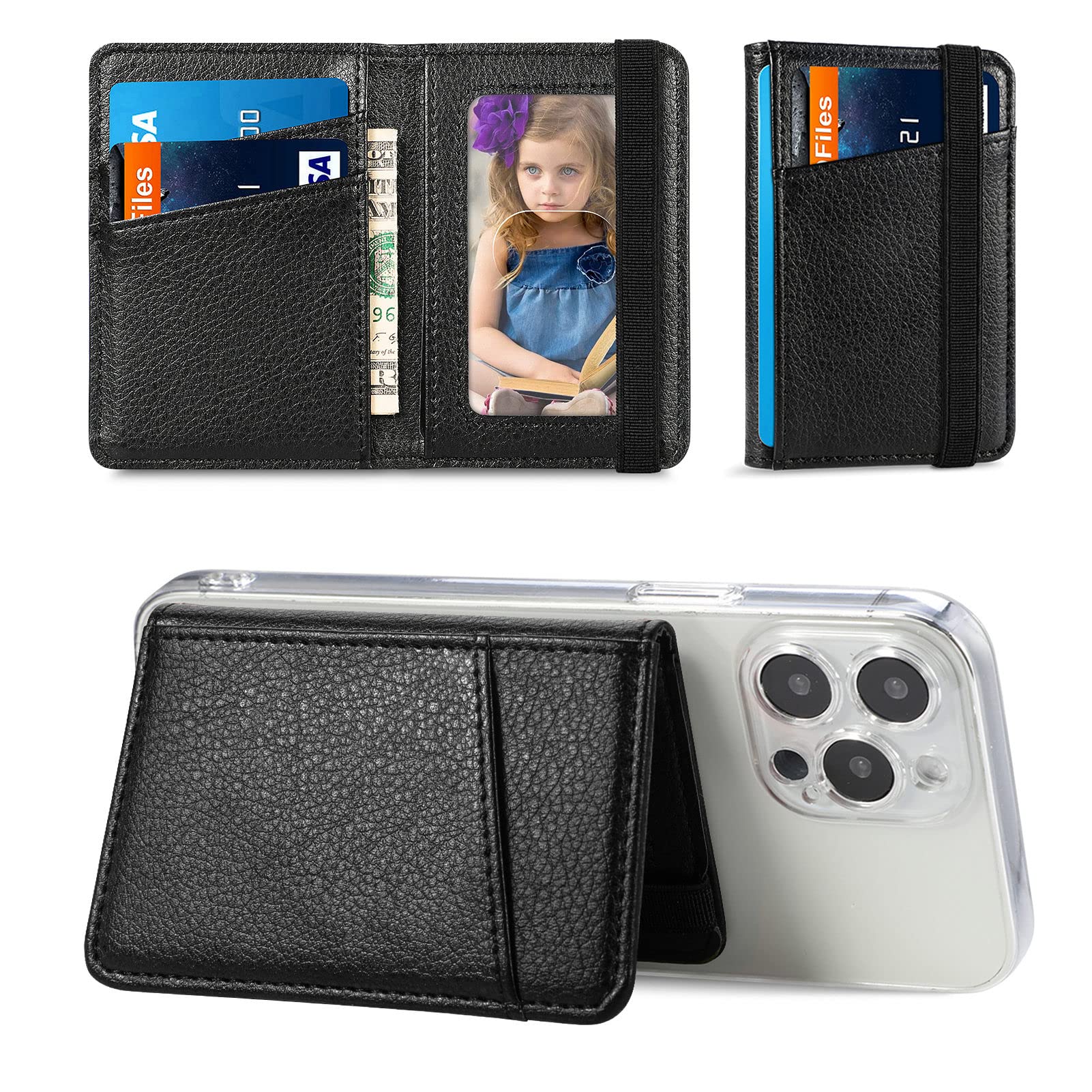Stick-On Phone Wallet Case - Slim Leather Credit Card Holder for iPhone, Samsung Galaxy & Most Smartphones | Secure RFID Protection | Perfect for Travel, Shopping & Everyday Use (Black)
