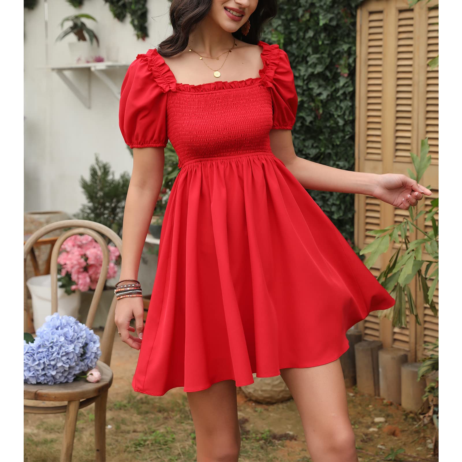 Byinns Women's Drawstring Mini Dress - Sweetheart Neckline, Smocked Bodice, Flowy Ruffled Long Sleeve Wedding Guest Dress | Perfect for Bridal Shower, Garden Party & Spring Occasions