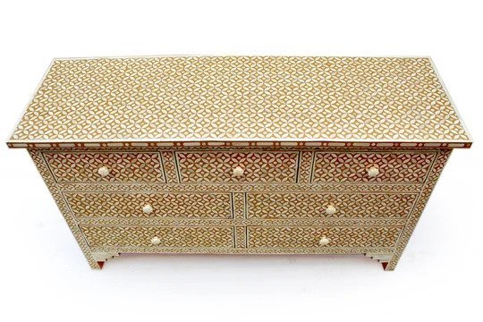 Handmade Bone Inlay 7-Drawer Chest in Chocolate Brown - Vintage Boho Bedroom & Living Room Storage Furniture