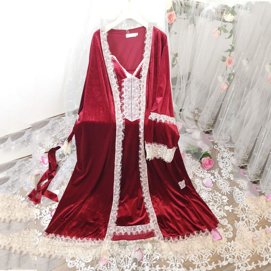 ZSQAW Women's Elegant Vintage Wine Red Robe Set - Romantic Sleepwear Nightgown for Winter, Bridal Dressing Gown, Medium Size | Perfect for Bridal Showers, Honeymoon Nights & Cozy Winter Evenings