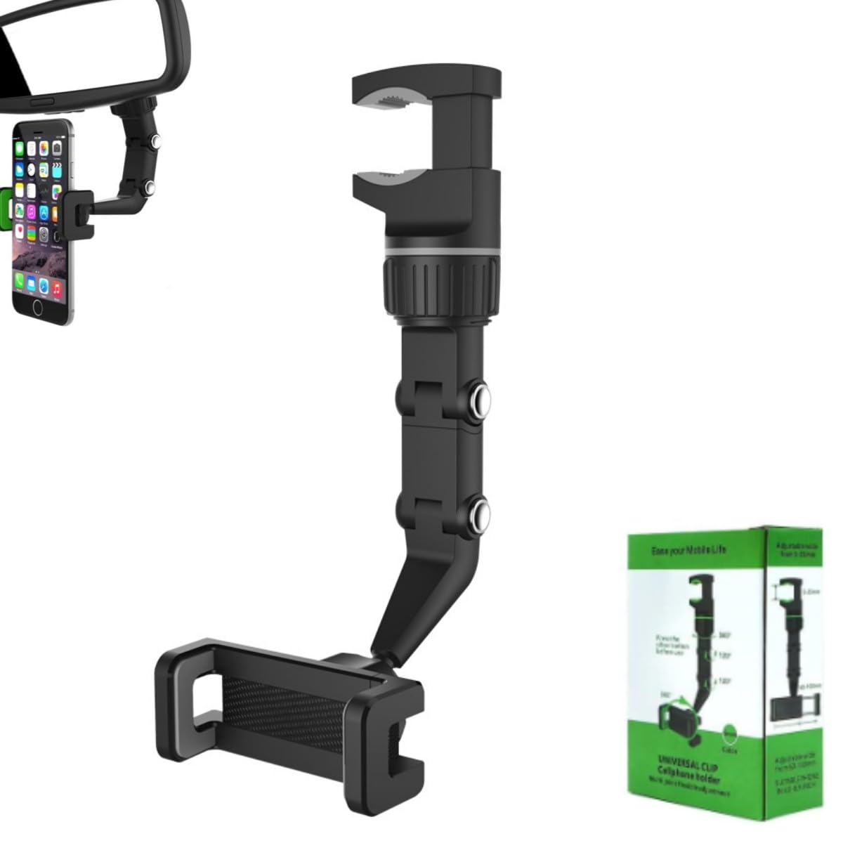Rotating Grip Cell Phone Holder for Car - 360° Adjustable Rearview Mirror Phone Mount, Universal Smartphone Stand for iPhone, Samsung, Google Pixel - Perfect for Hands-Free Navigation & Video Calls While Driving (Black)