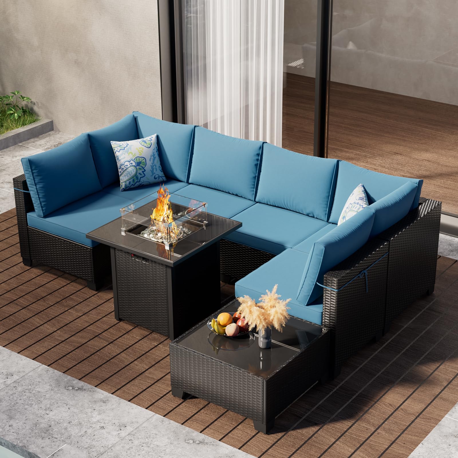 8-Piece Outdoor Sectional Furniture Set with Rattan Wicker Patio Sofa & 28-Inch Gas Fire Pit Table - Waterproof Conversation Set for Backyard, Garden, Deck (Coffee/Peacock Blue) - Perfect for Entertaining, Lounging & Outdoor Gatherings