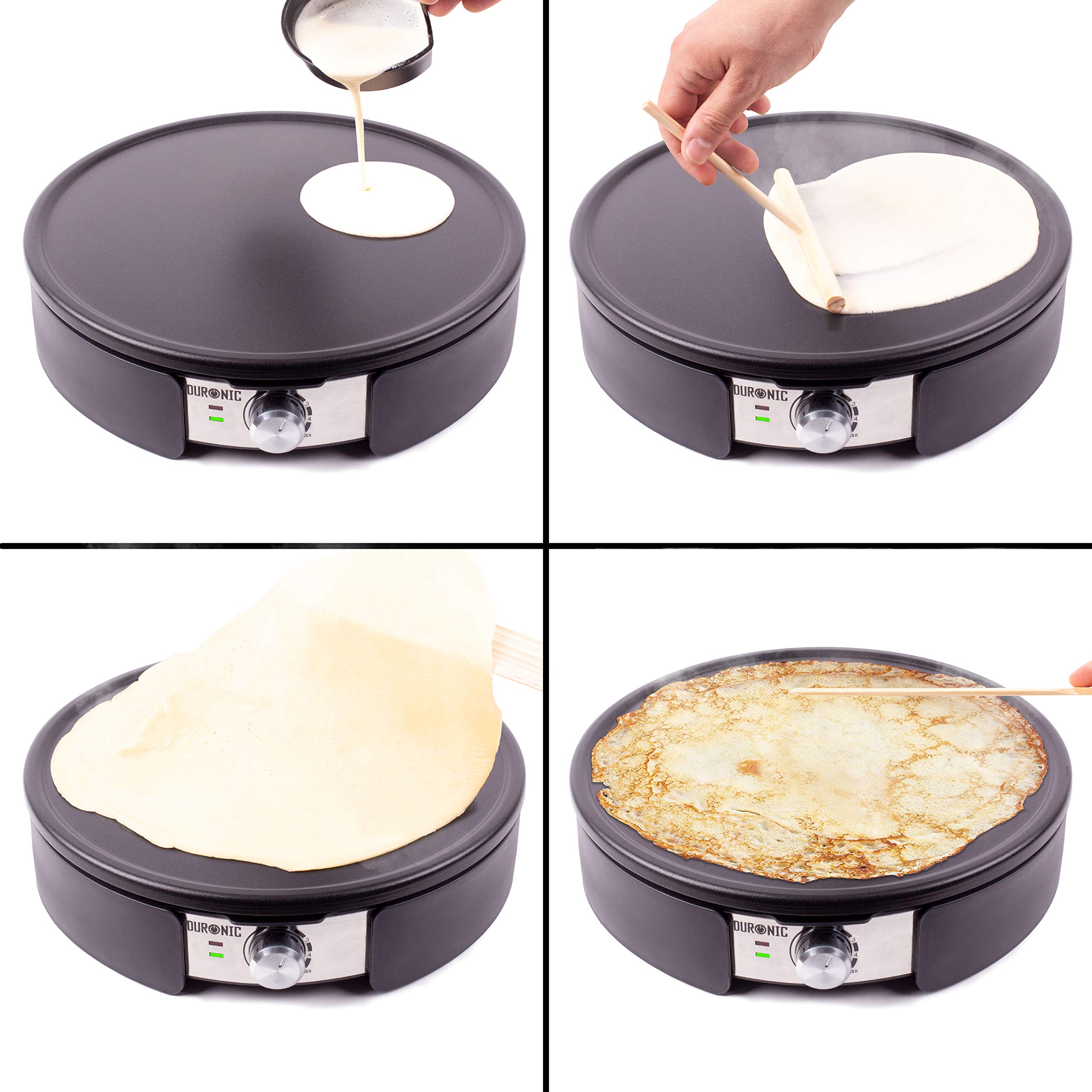 Duronic PM152 - 1500W Electric Pancake Maker, 37cm Non-Stick & Removable Plate, Adjustable Temperature, Includes Accessories - Perfect for Sweet & Savory Pancakes, Crepes, Omelets & More - Ideal for Breakfast, Brunch & Family Gatherings