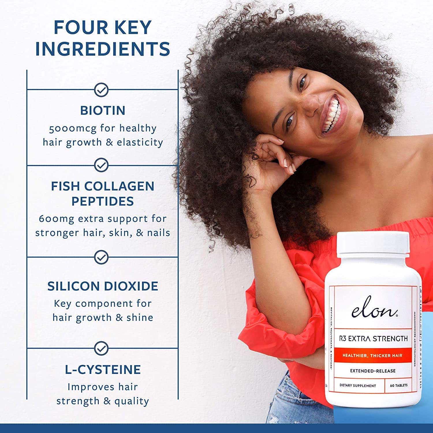 Elon R3 Extra Strength Hair Growth Supplement for Women - 5000mcg Biotin & Collagen Formula for Thicker, Fuller Hair - 60 Capsules (Pack of 3) - Promotes Healthy Hair Growth for Daily Hair Care & Styling Support