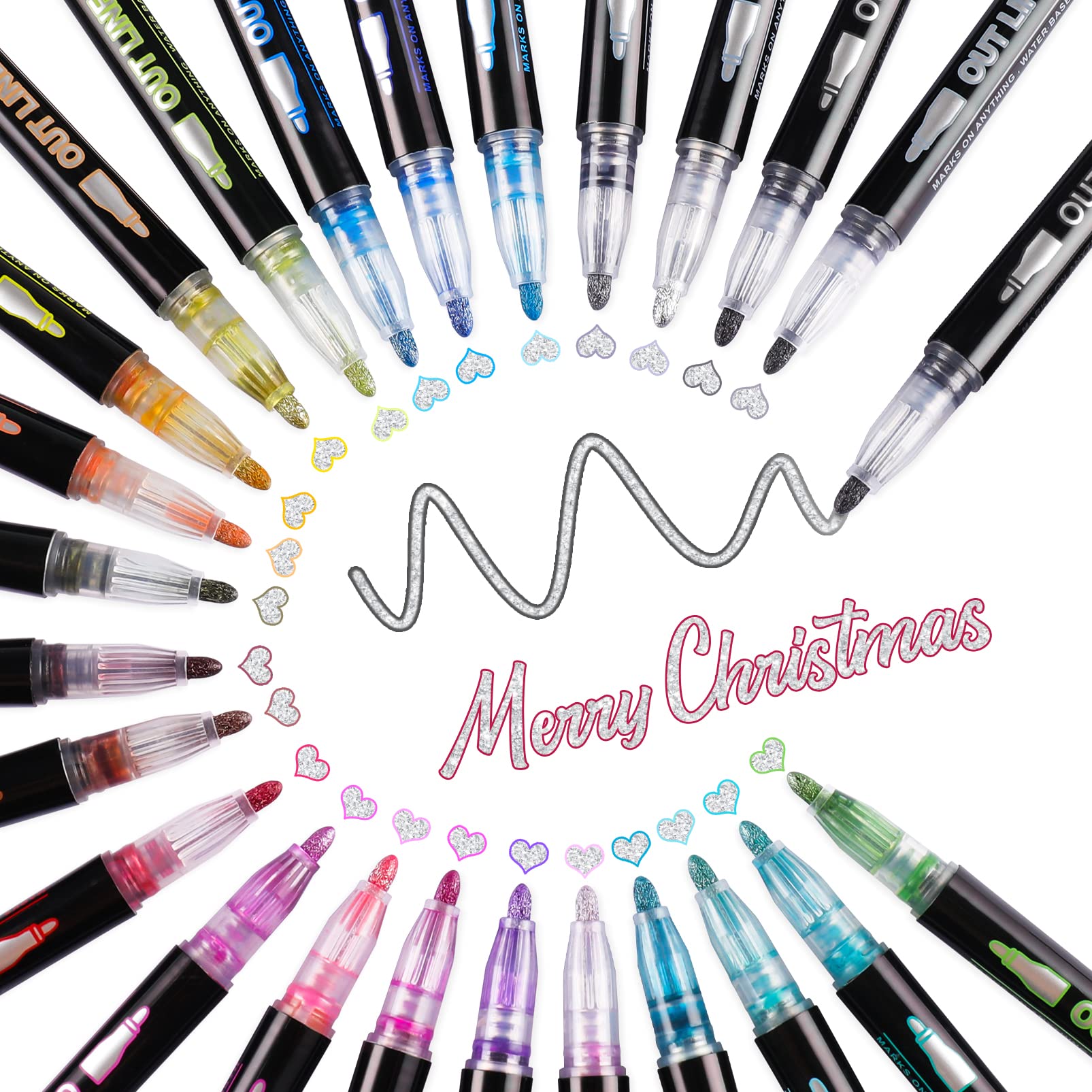 RIANCY 24 Colors Super Squiggles Markers - Metallic Self-Outline Double Line Pens for Art Drawing, Greeting Cards, Crafts, Posters & Painting | Perfect for Kids Journals, Adult Coloring Books & DIY Projects