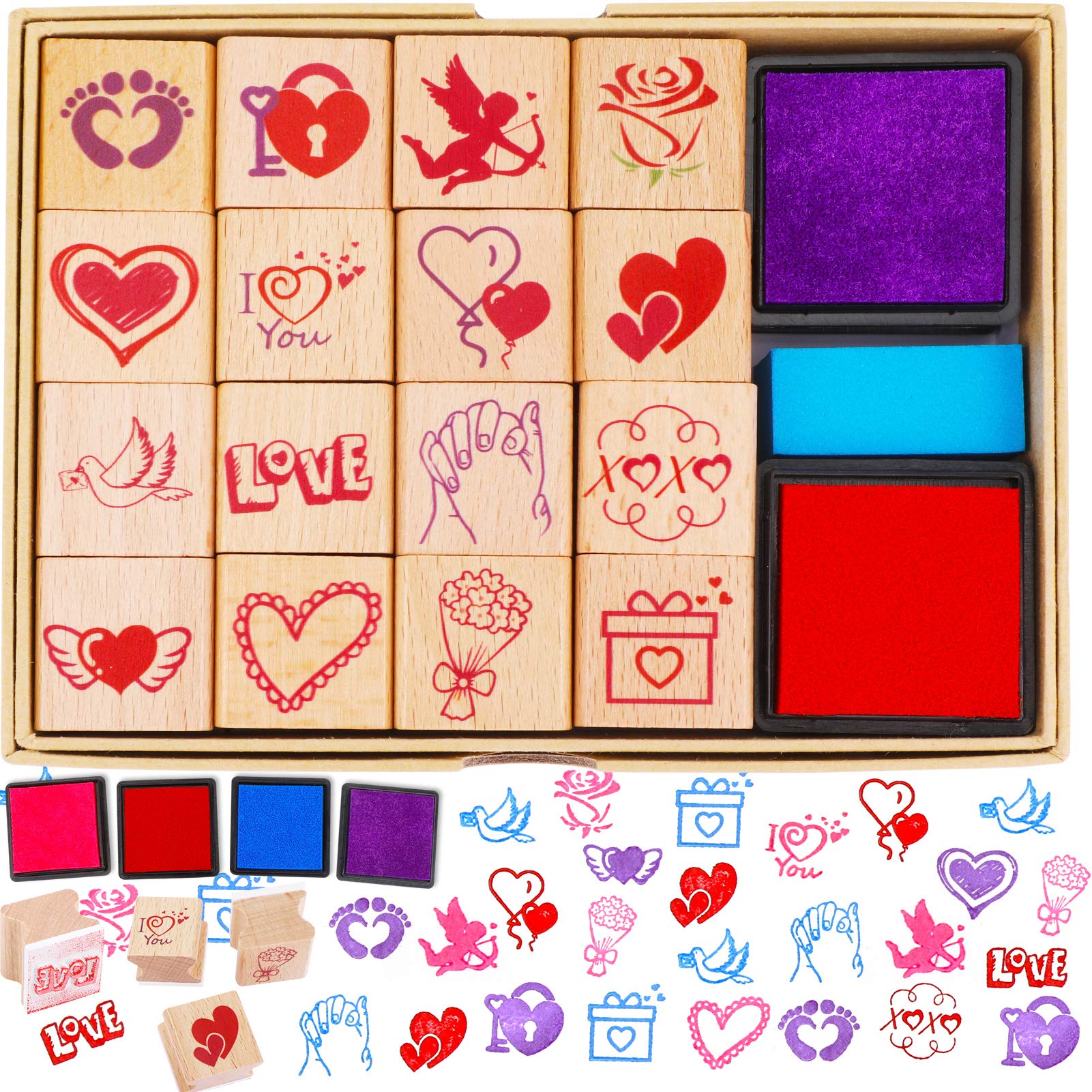 Valentine's Day Wooden Stamps for Kids - 20pcs Heart Stamps Set with Ink Pads for DIY Crafts, Valentine Party Favors & Classroom Activities - Perfect for Valentine Cards, Gift Bags, Stocking Stuffers & Kids Art Projects