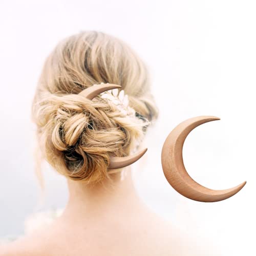 Hand Carved Wooden Crescent Moon Hairpin - Natural Wood Hair Fork for Long Hair, Women's Hair Styling Accessory | Perfect for Boho, Festival & Wedding Hairstyles (Wood Color)