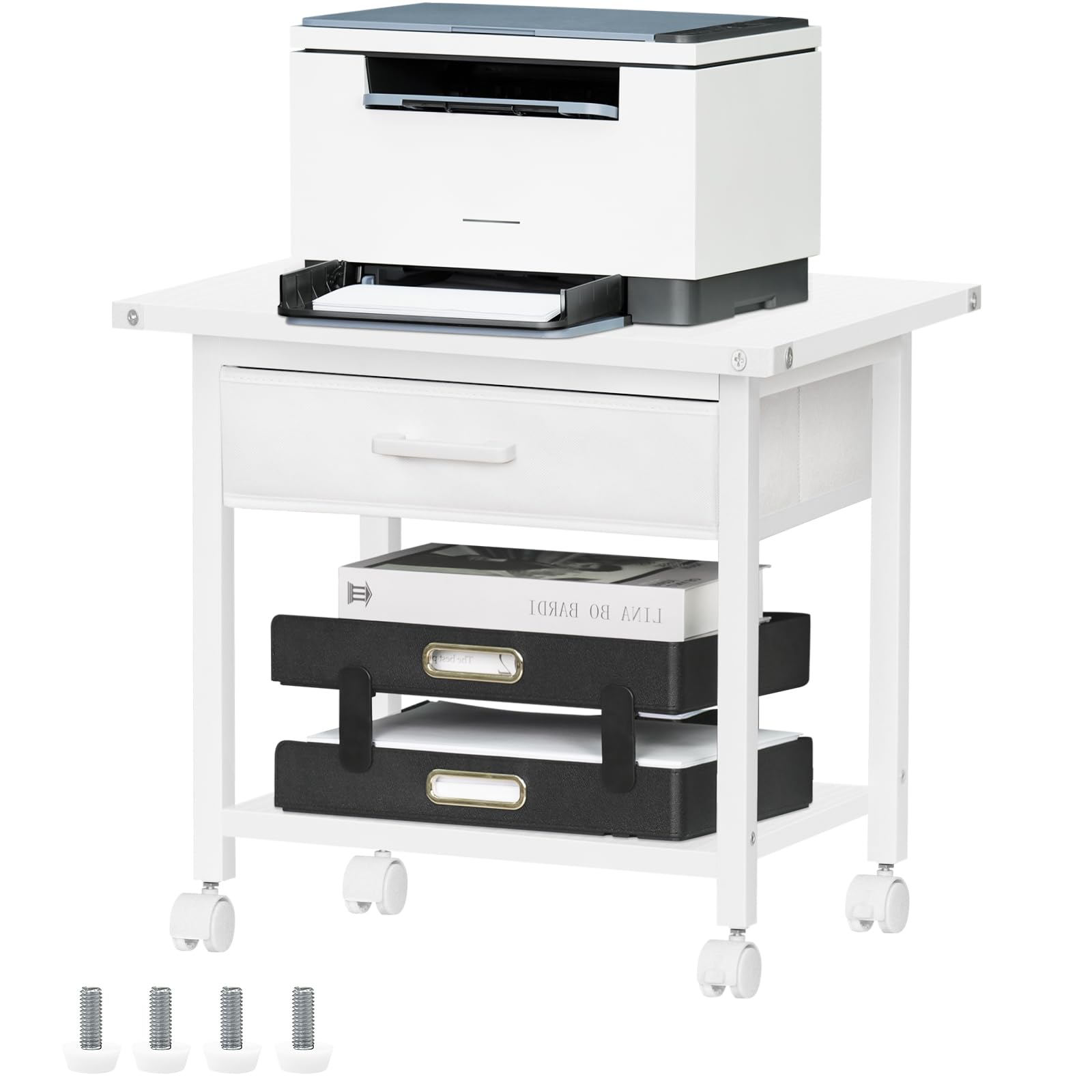 Lerliuo 2-Tier Under Desk Rolling Printer Stand with Storage Drawer & Shelf - Industrial Mobile Printer Cart with Lockable Wheels & Steel Frame - Compact Printer Holder for Home Office Workspace (White) - Perfect for Small Spaces & Organized Printing Solutions