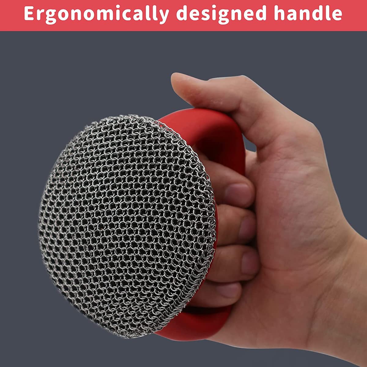 Premium 316 Stainless Steel Cast Iron Scrubber with Ergonomic Handle - Heavy Duty Chainmail Scrubber for Pots, Pans, Bakeware & Grill Cleaning - Rustproof Steel Wool Alternative for Kitchen & Outdoor Cooking