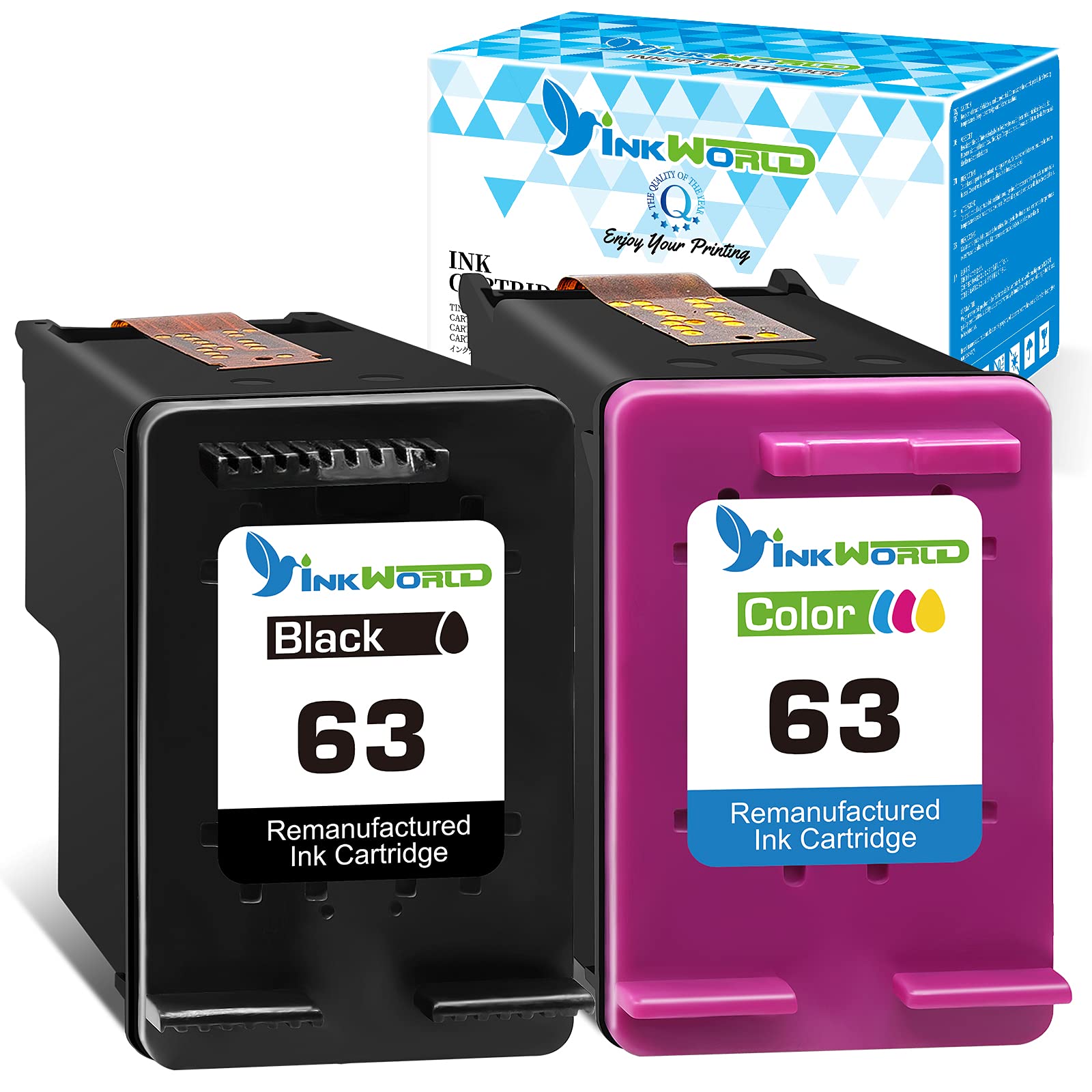 Remanufactured HP 63 Ink Cartridge Combo Pack (1 Black, 1 Color) - Compatible with OfficeJet 3830 5252 4650, Envy 4520 4512, DeskJet 3630 Series - High-Quality Printer Ink Replacement for Home & Office Printing