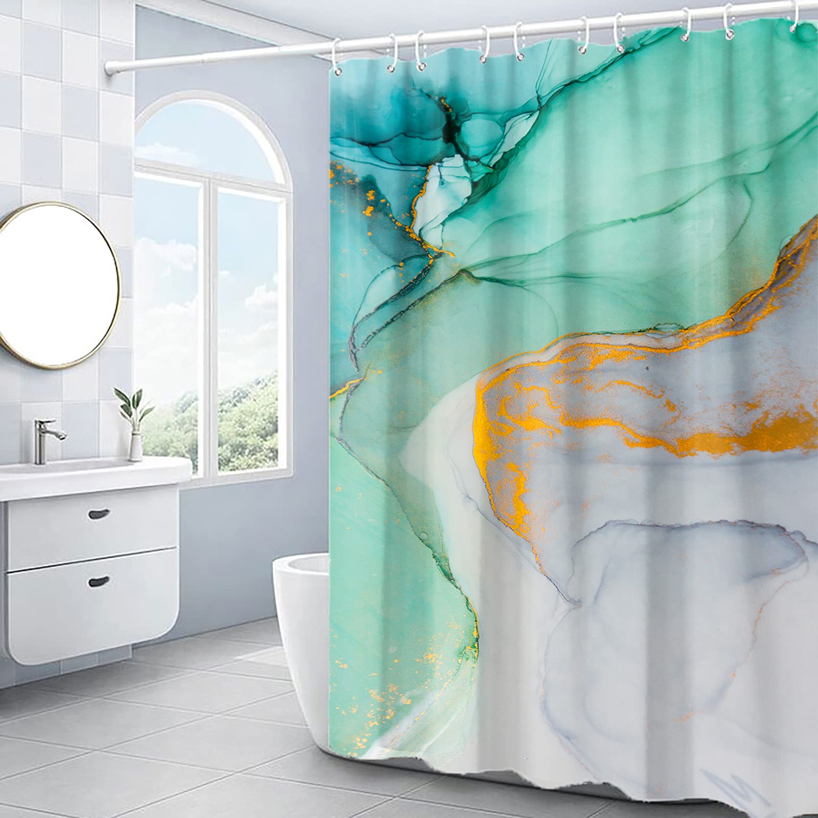 Domoku Green Gold Marble Shower Curtain - Waterproof Modern Abstract Bathroom Decor with Cracked Lines Design, 72x72 Inches, Washable Fabric - Perfect for Spa-Style Bathrooms & Luxury Home Decor